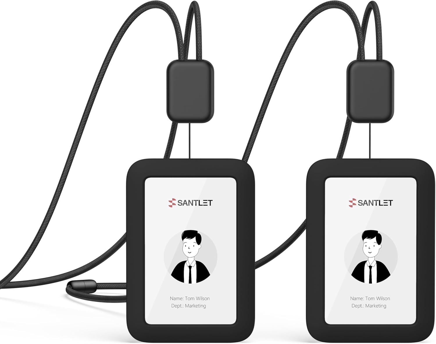 2 Pack Lanyards for ID Badges Holder, SANTLET Silicone ID Badge Holder Name Card Case Protector with Retractable Cord, Safety Breakaway Buckle, 2 Card Slots for Office Staff Teachers Employees Black