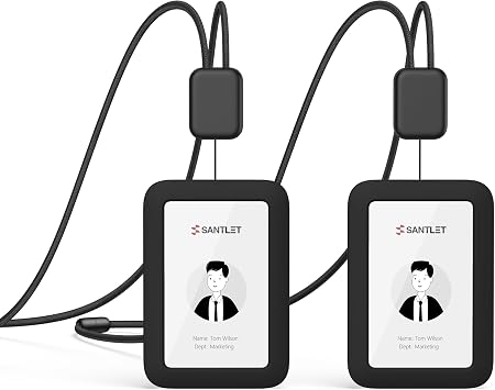 Lanyards for ID Badges Holder, SANTLET Silicone ID Badge Holder Name Card Case Protector with Retractable Cord, Safety Breakaway Buckle, 2 Card Slots for Office Staff Employees Cruising 2pcs Black