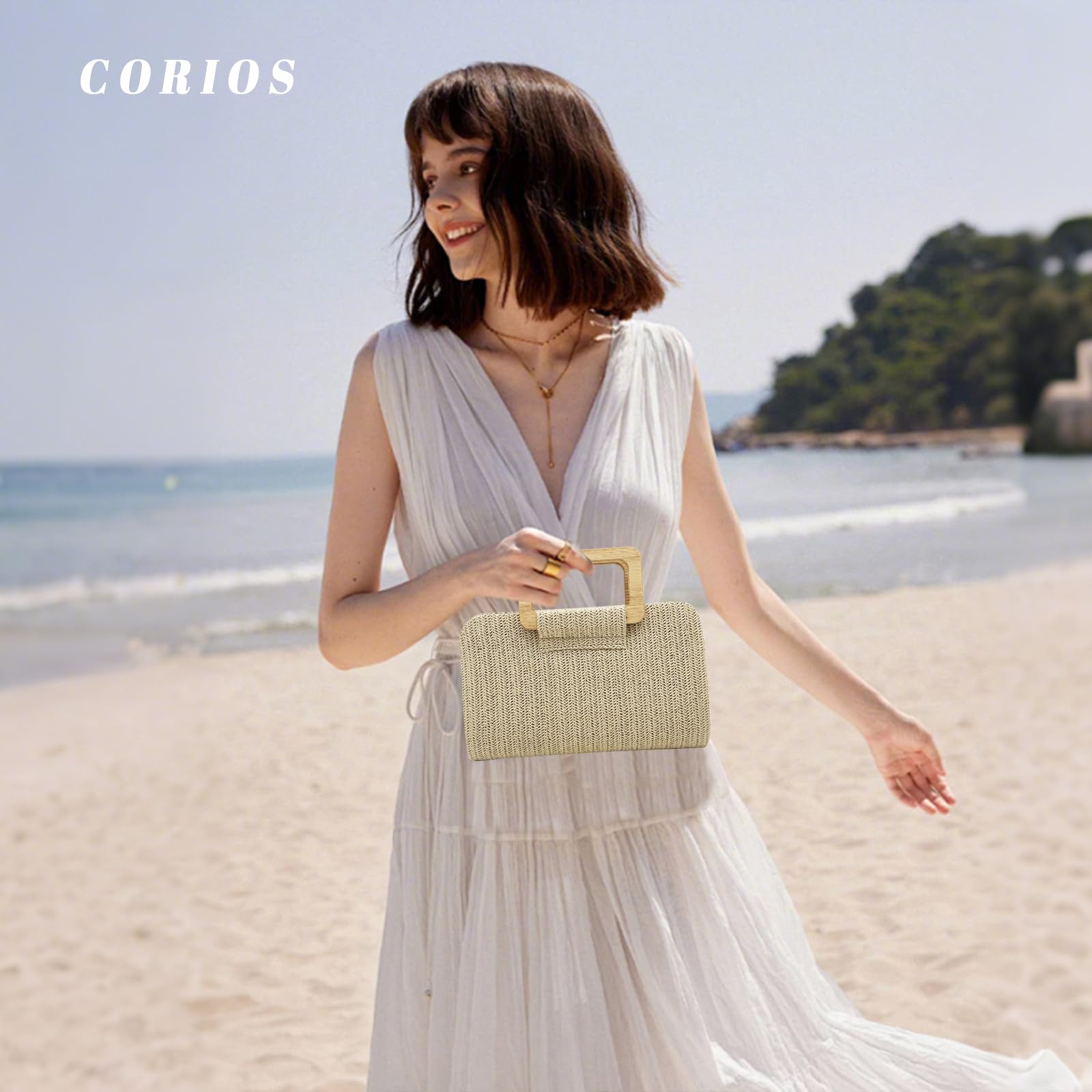 CORIOS Damen Strohtasche Abendtasche Frauen Gewebte Tasche Hochzeit Brautbörse Elegante Clutch Tasche Klein Tasche Formale Handtasche Schultertasche Luxuriös Umhängetasche für Bankett-Party Gold
