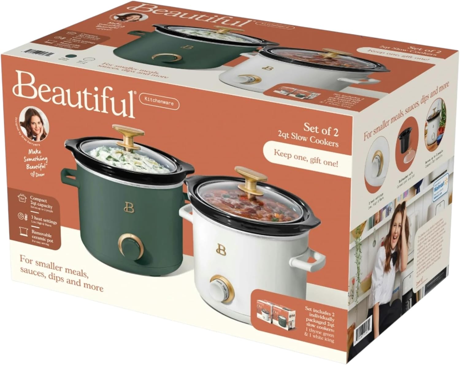 Beautiful 2 Pack Slow Cooker Crock Set- 2 Quart,Thyme Green, White Icing with Adjustable Heat settings-Kitchenware by Drew Barrymore