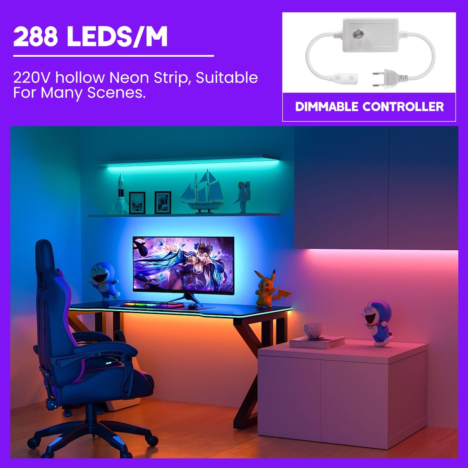 KISUFU 220V Tira de LED Neon COB, 288LEDs/m Flexible Cada Corte de 50cm, IP65 Impermeable Tira Luces con Dimmer Para Interior Exterior Decoración