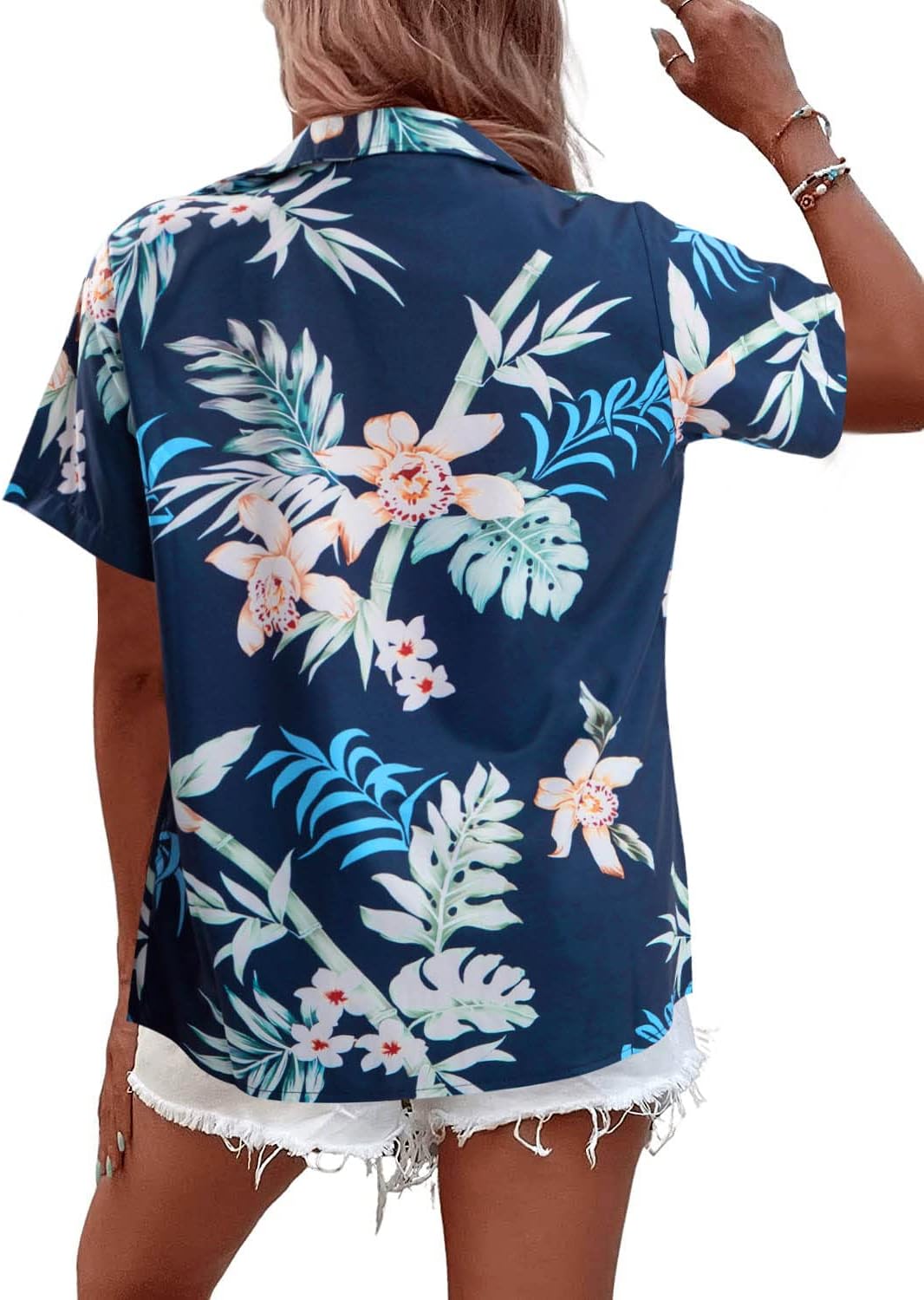 Women Hawaii Shirts: Soft Cool Floral Tropic Print V Neck Summer Tops Short Sleeve Button Up Tops T-Shirt - Image 4