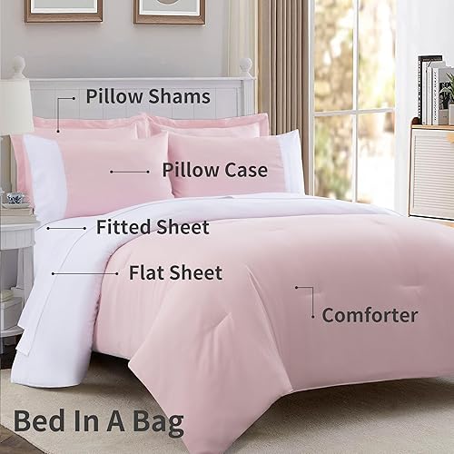 Miniatura 2 de Kingsley trend Juego de edredón King de 7 piezas, ropa de cama tamaño King en bolsa, reversible, rosablanco, con edredón, sábanas planas y bajeras,