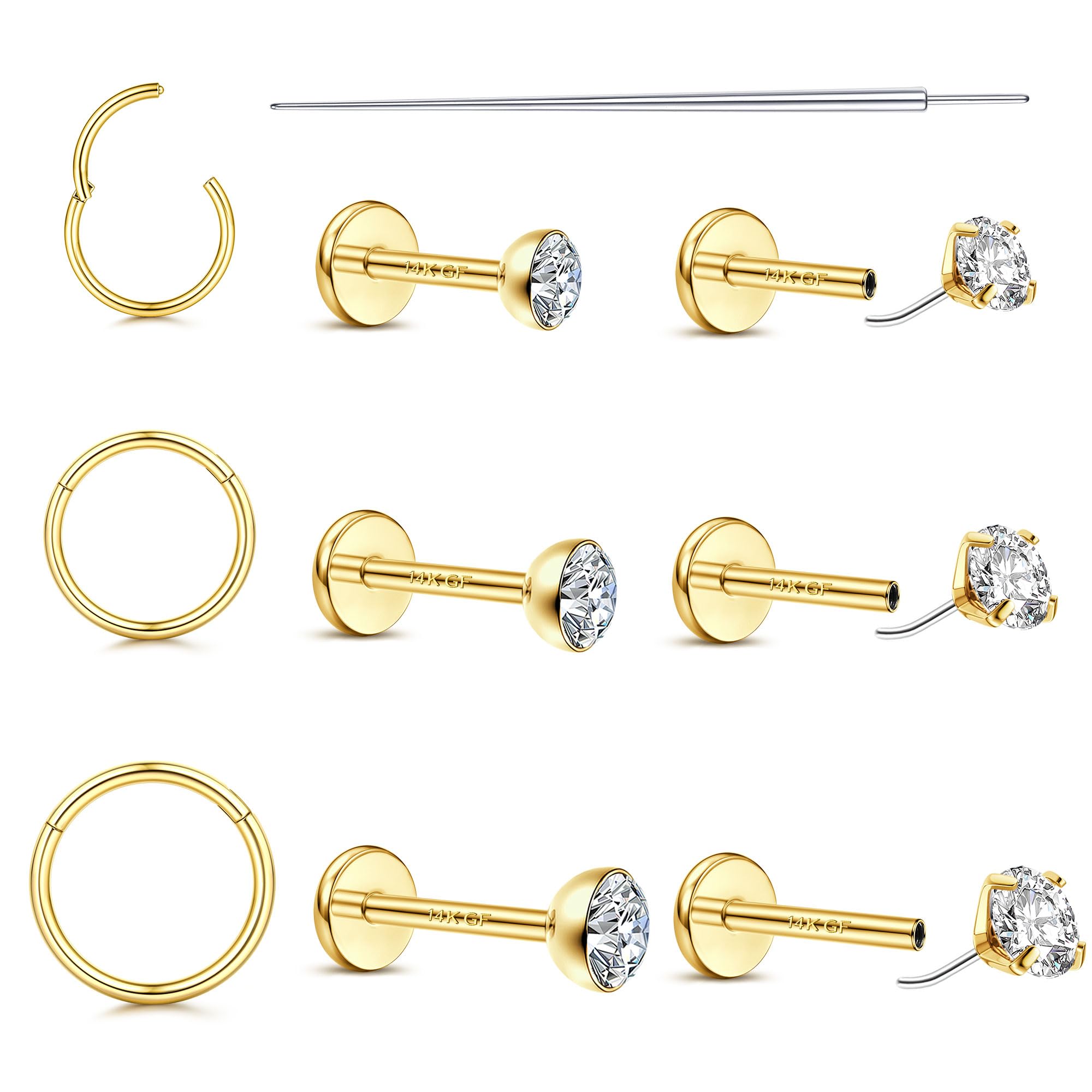 FIBO STEEL20G/18G Nose Rings Studs for Women Men - 14K Gold Filled Flat Back Nose Studs Nose Ring Hoops Hypoallergenic Surgical Steel Threadless Push in CZ Helix Tragus Conch Nostril Cartilage Piercing JewelryClimeCo Certified