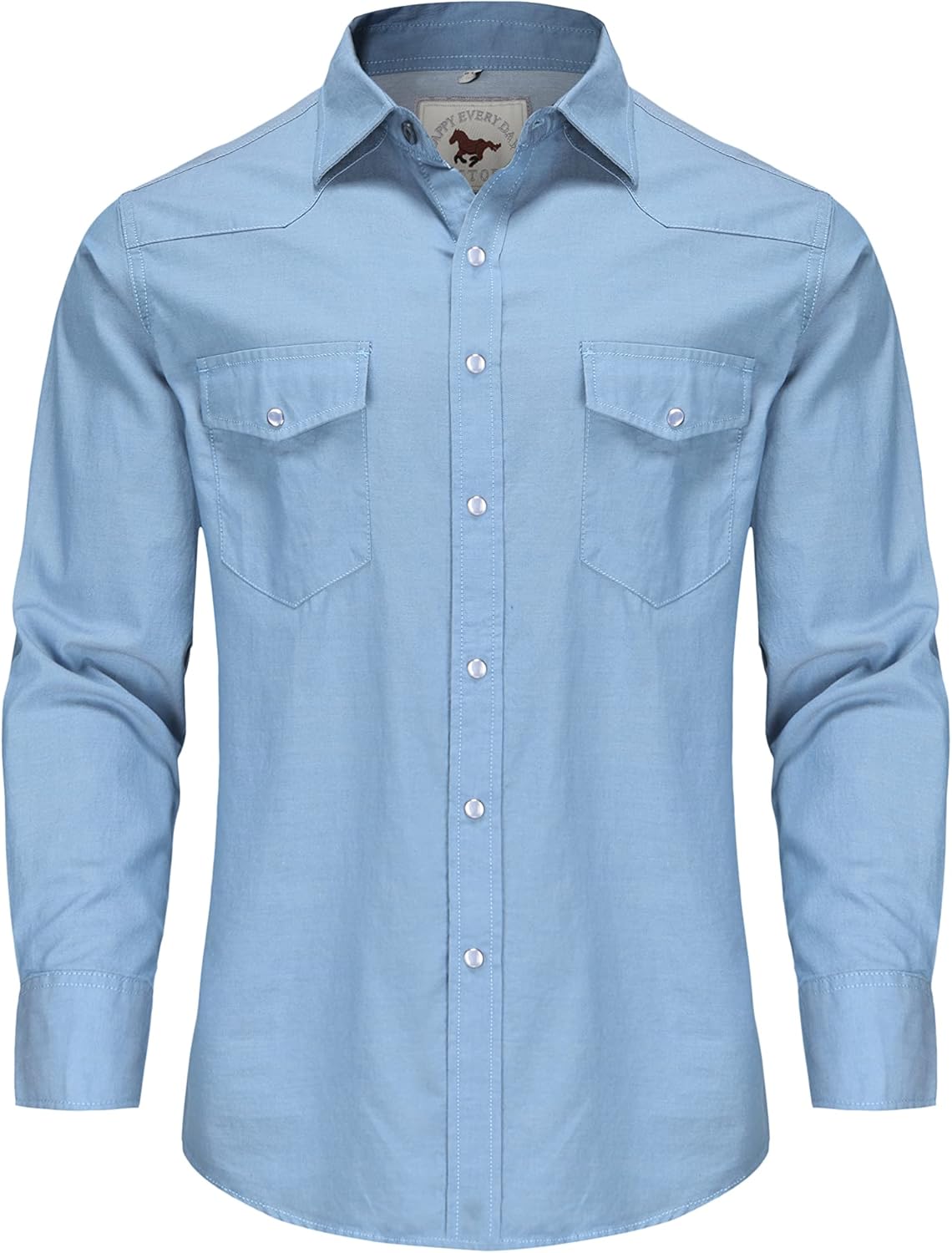 Men's Denim Western Cowboy Pearl Snap Long Sleeve Casual Button Down Up Soild Work Shirts