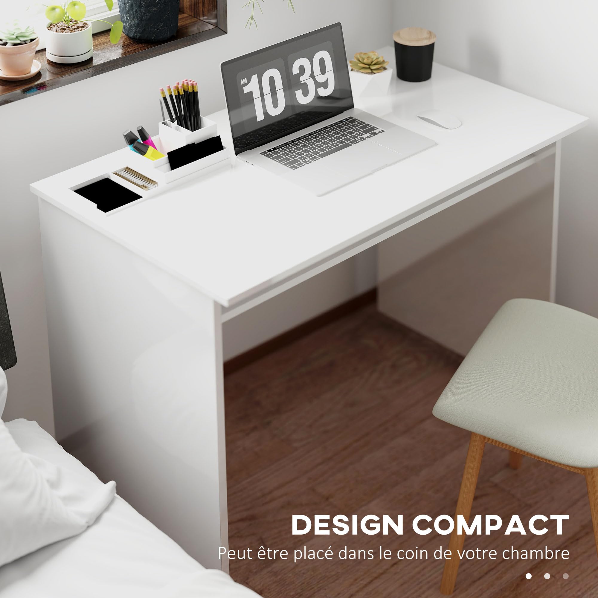 HOMCOM Bureau Informatique avec 1 Étagère 90l x 50P x 74H cm Blanc Laqué