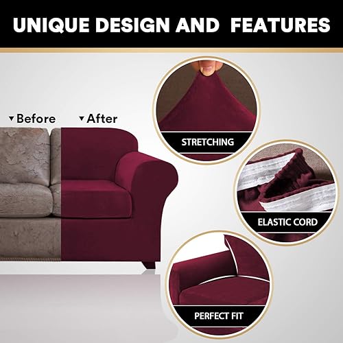 Miniatura 3 de PrinceDeco - 4 fundas de terciopelo para sofá de 3 cojines, protector suave de muebles con parte inferior elástica antideslizante, fundas de sofá