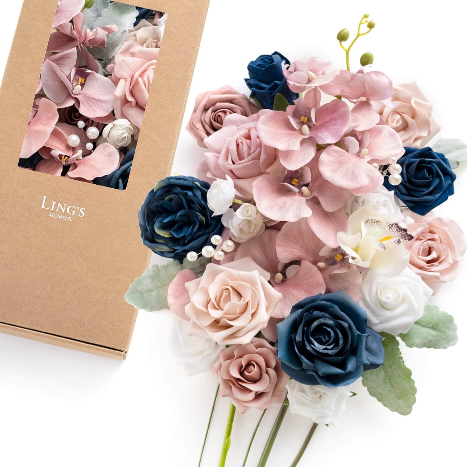 Ling's moment Fake Flowers Box, Faux Artificial Greenery Stems Foam Roses Silk Orchid Ranunculus Fabic Flower for Centerpieces Bouquet Wedding Vase Decorations, Dusty Rose & Navy, Deluxe Combo