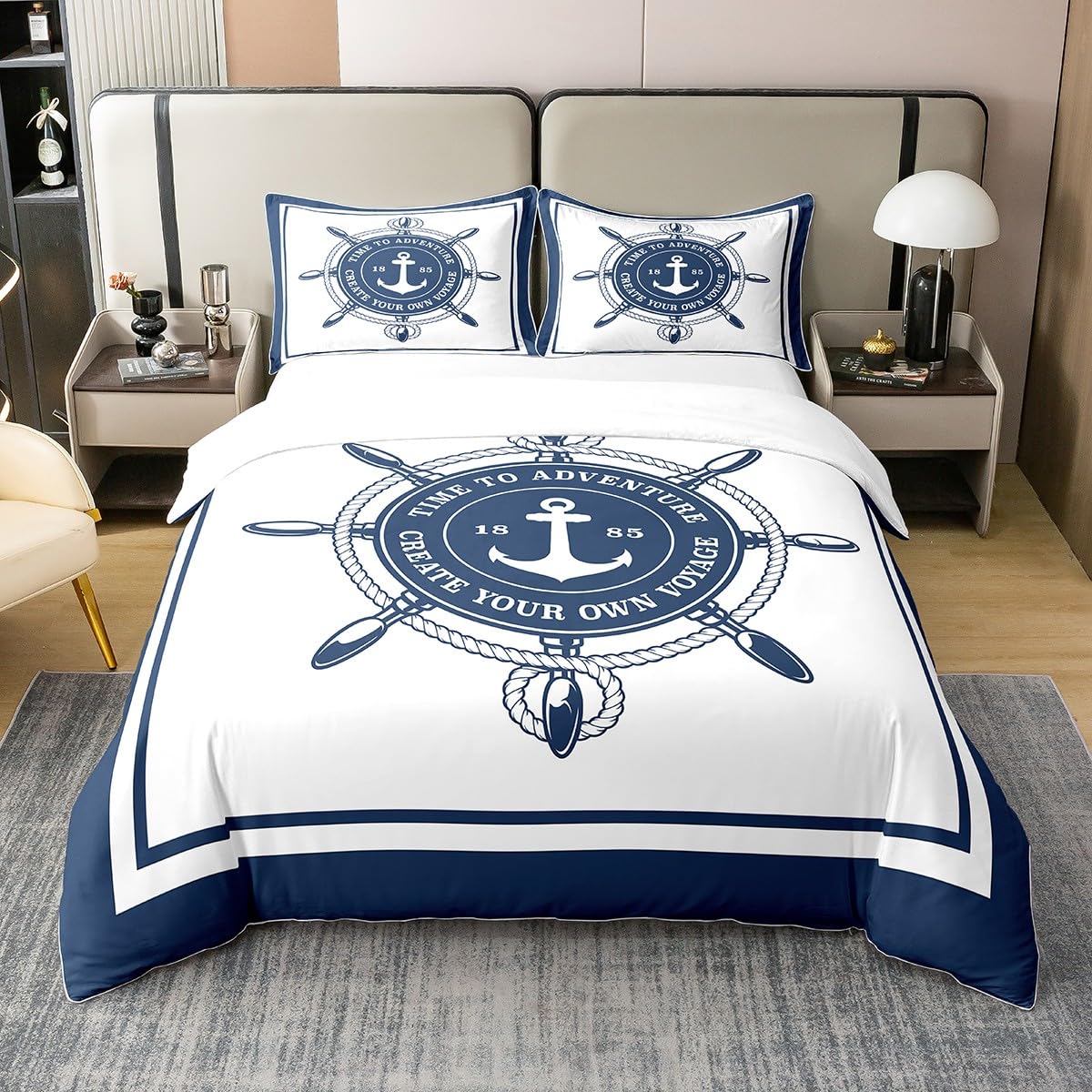 Homemissing Ancre Volant 100% Cotone Copripiumino 140x200cm Tema Nautico Set Biancheria da Letto Decorativo Marina Avventura Set Parure da Letto Oceano Set di Biancheria da Letto 2 Pezzi