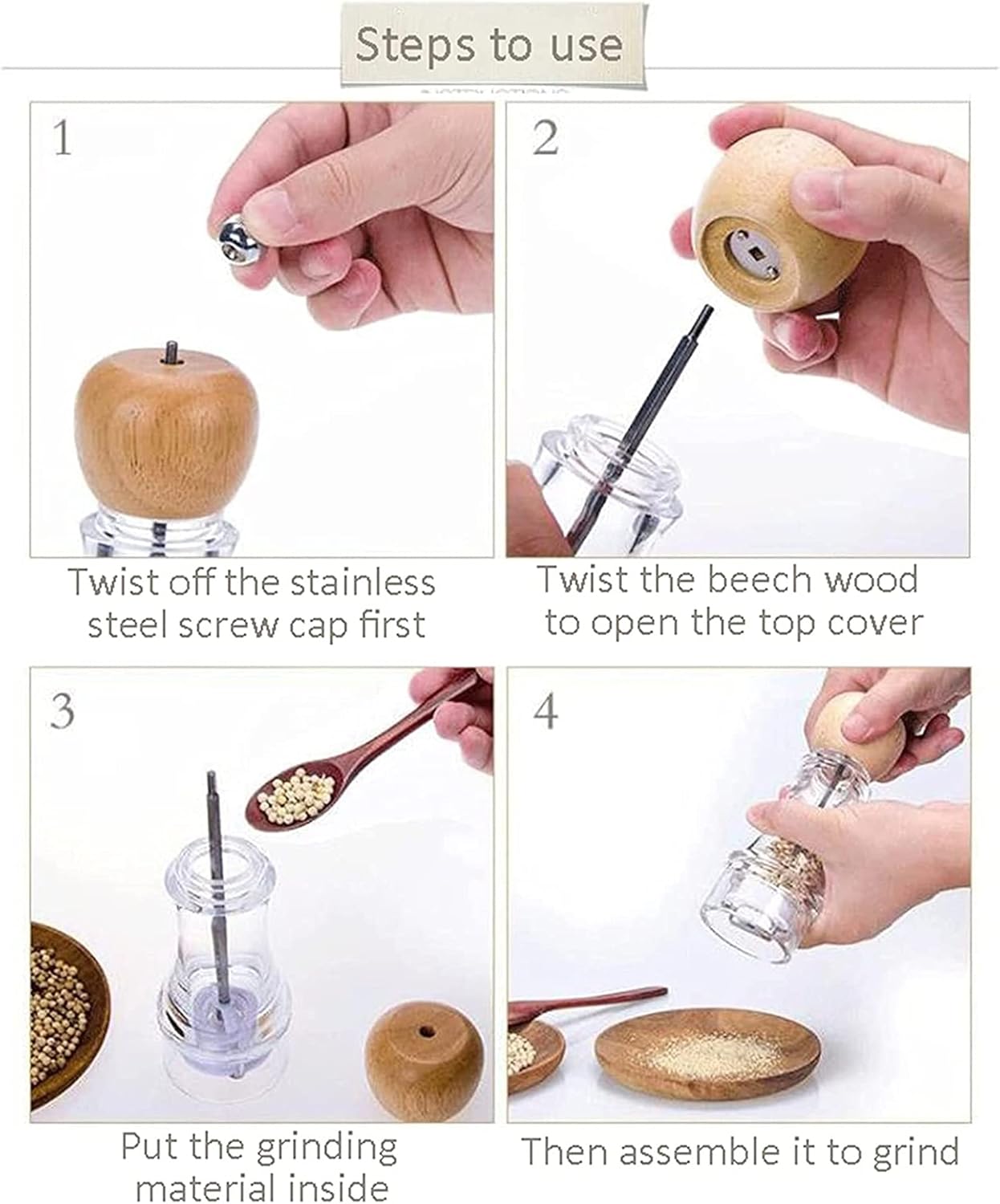 Salt and Pepper Mill Set,Wooden Salt and Pepper Grinders,Salt and Pepper Shakers with Acrylic Visible Window,Ceramic Grinding Core,Pack of 2 Grinding