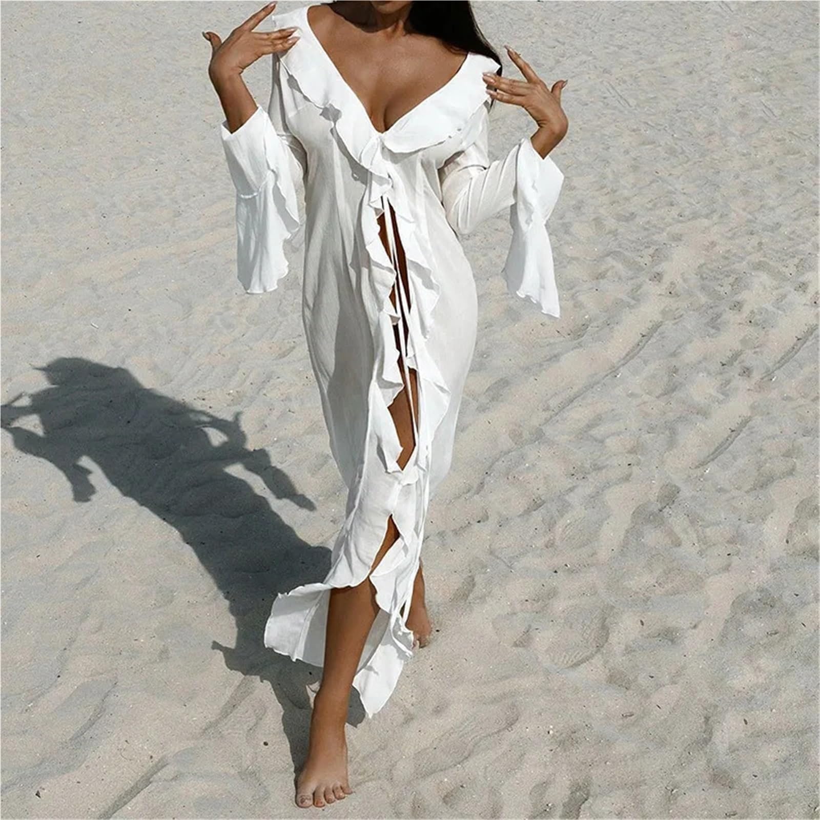 Copricostume Lungo in Chiffon Copricostume da Spiaggia Abito in Chiffon a Maniche Lunghe Protezione Solare Abbigliamento Donna Scollo a V Arricciato