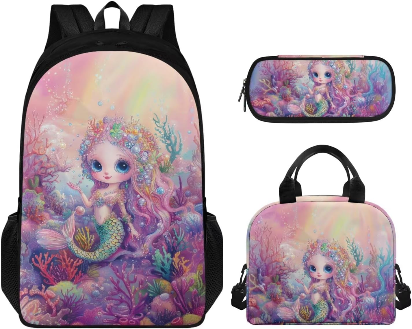 Strawberry Black Cat Backpack for Kids School, Bookbags Set of 3, School Backpack for Boys Girls with Lunch Box Pencil Case, 17" Lightweight Bookbags for Elementary School