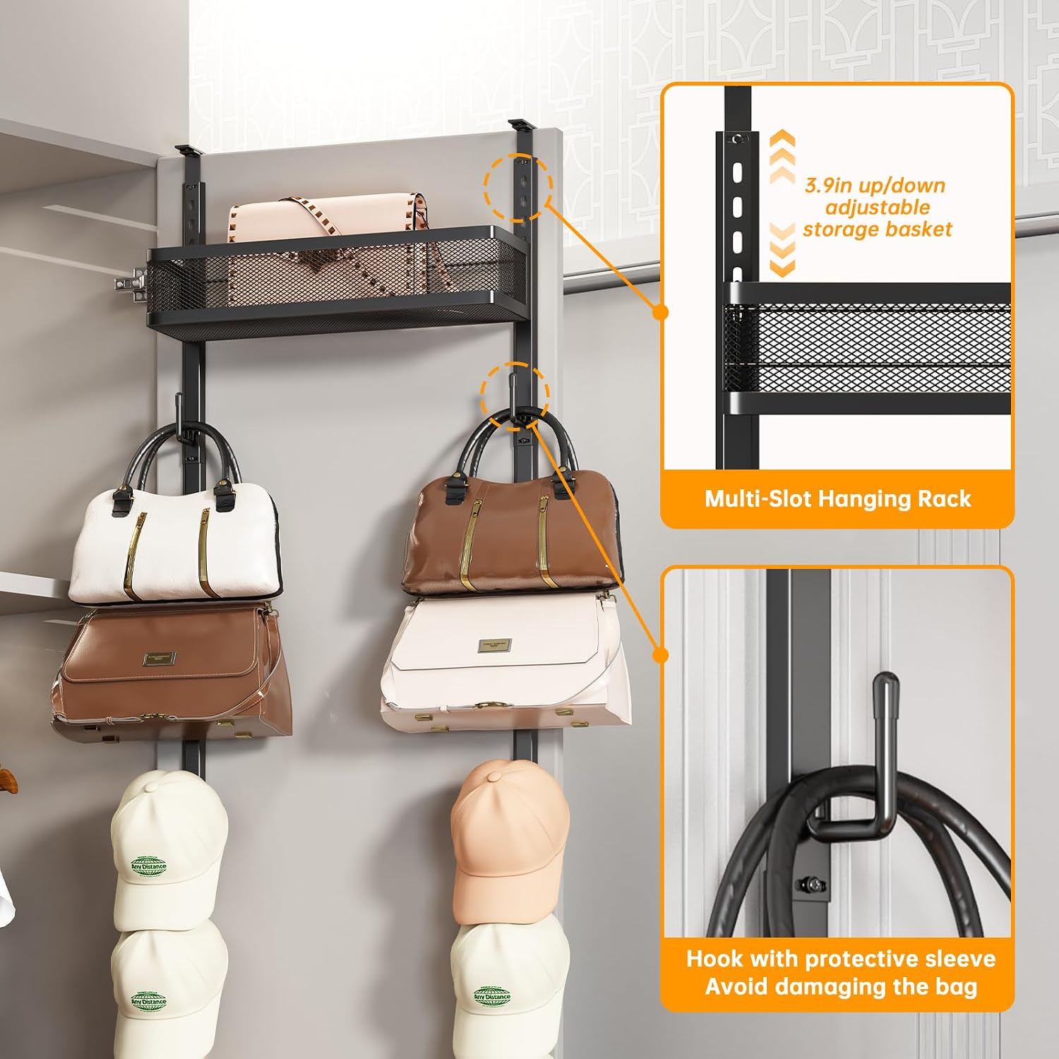 Over The Door Purse Organizer - Wall Mounted Heavy Duty Metal Handbag Storage Rack with 14 Hooks & Mesh Basket, Space Saving Hanging Bag Holder for Closet, Bedroom, Pocketbook (Black)