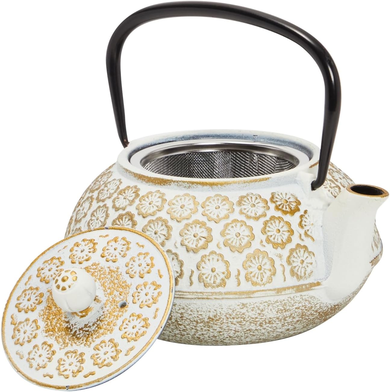 Juvale Floral Cast Iron Teapot - 34 oz, White - With Stainless Steel Infuser & Warmer - Japanese Kettle for Loose Leaf Tea - Stovetop Infuser Kettle