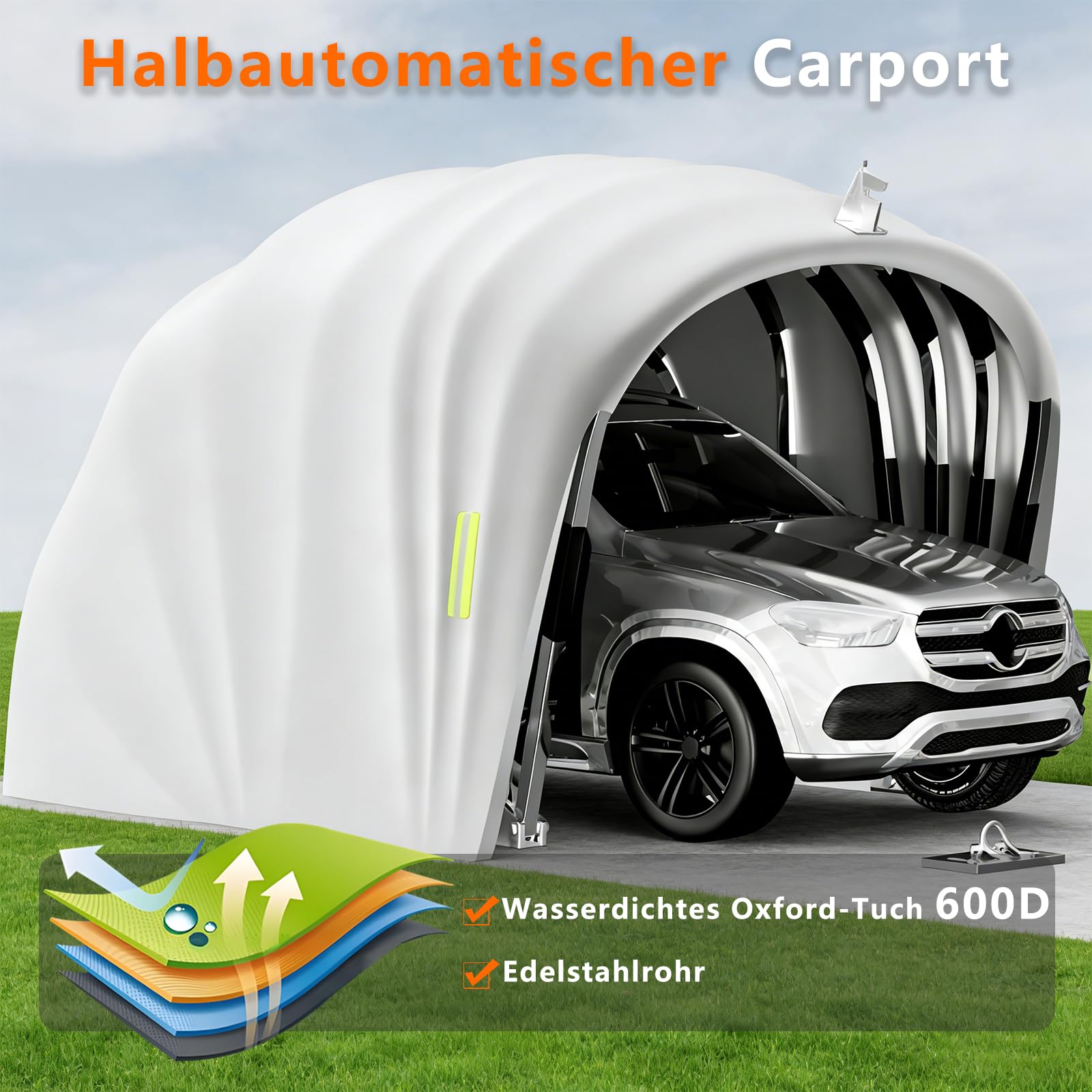 Halbautomatische Faltbare Auto-Garage 5,9 x 2,7m – Wetterfester Allwetter-Carport Mit Schloss, 600d Oxford-Gewebe, UV-Schutz & Wasserdicht, Ideal Für Pkw, SUV & Outdoor-Einsatz (5.9m)