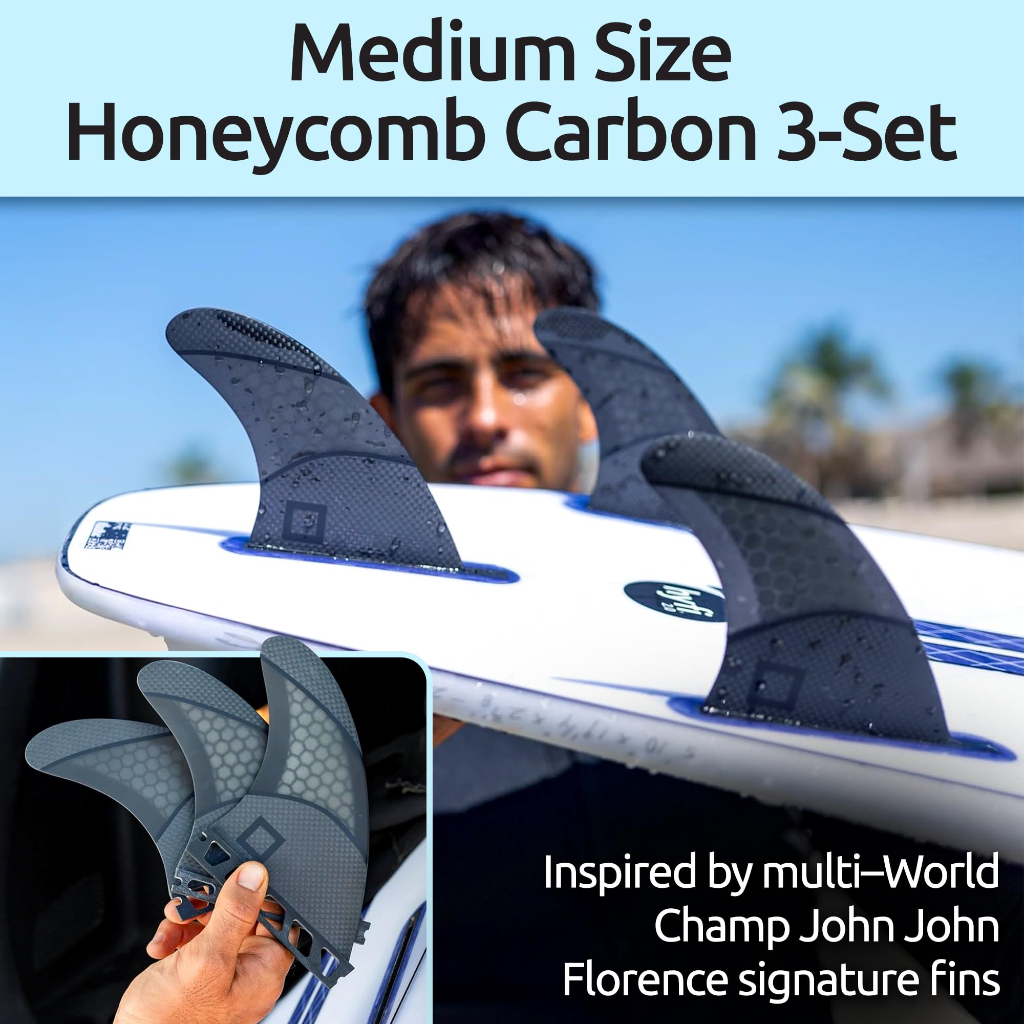 Juego de aletas de empuje mediano (3 aletas), panal con aletas de fibra de carbono para tabla de surf, compatible con tablas de surf Futures de una sola pestaña, monta como Twin o