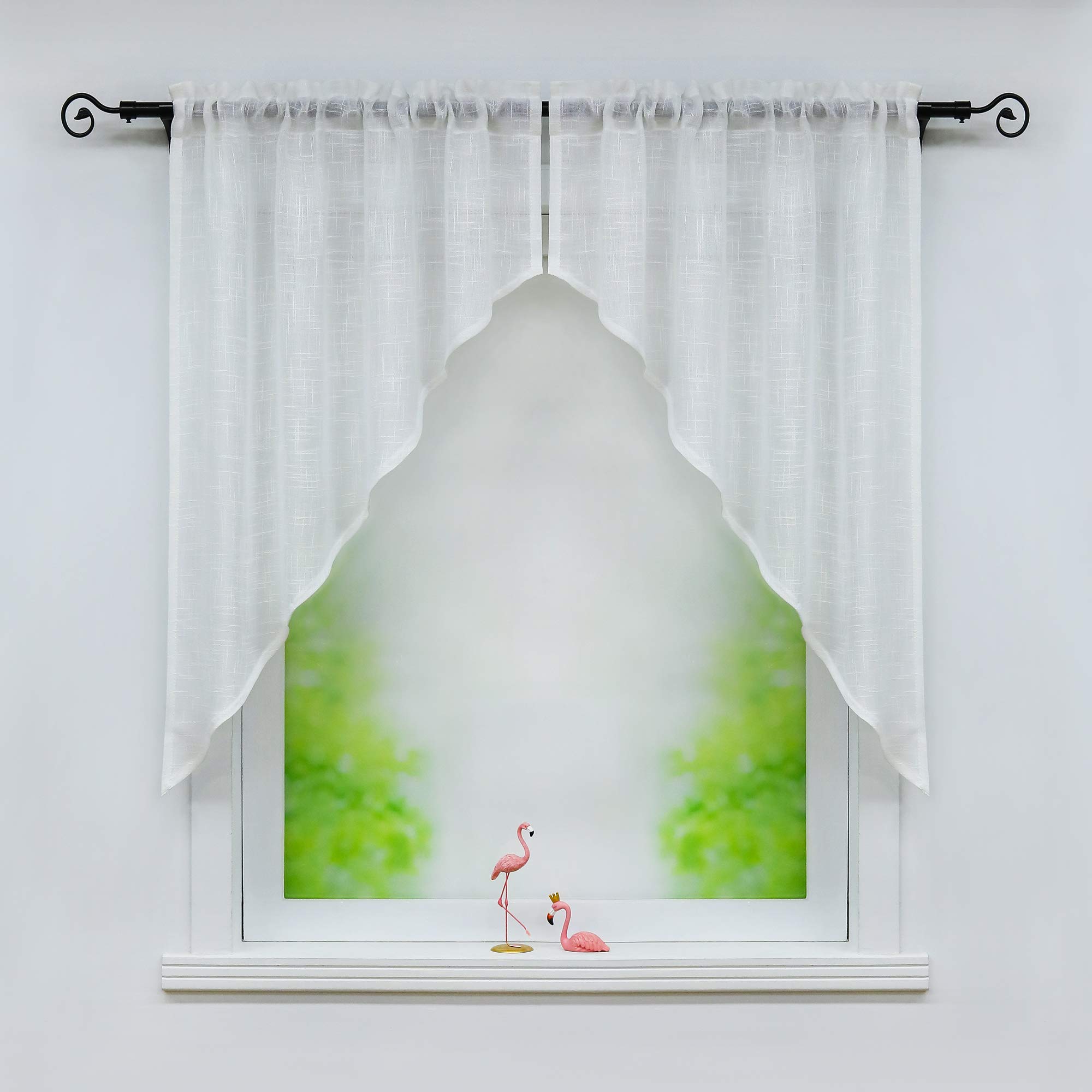 Yujiao Mao Sheer Linen Texture Look Swag Curtains Rod Pocket Kitchen Valance Curtain Panels for Small Window, 2 Panels(White,31 x 31 inch