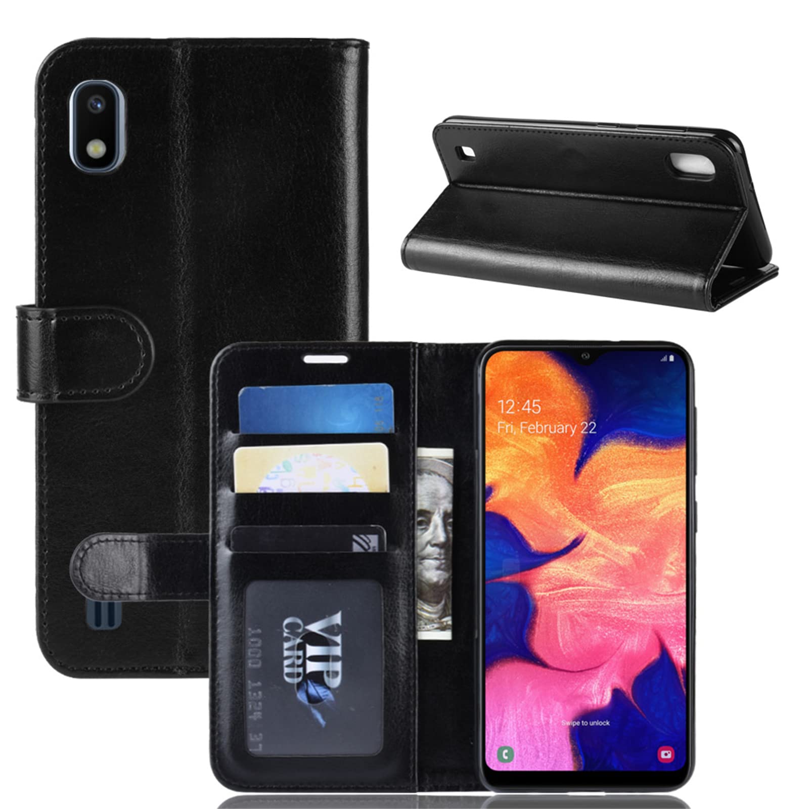 Flip Case for Samsung A10 Wallet PU Leather Magnetic Protective Cellphone Case for Samsung Galaxy A10 A105 A105M Folio Book Cover with Stand (Black)