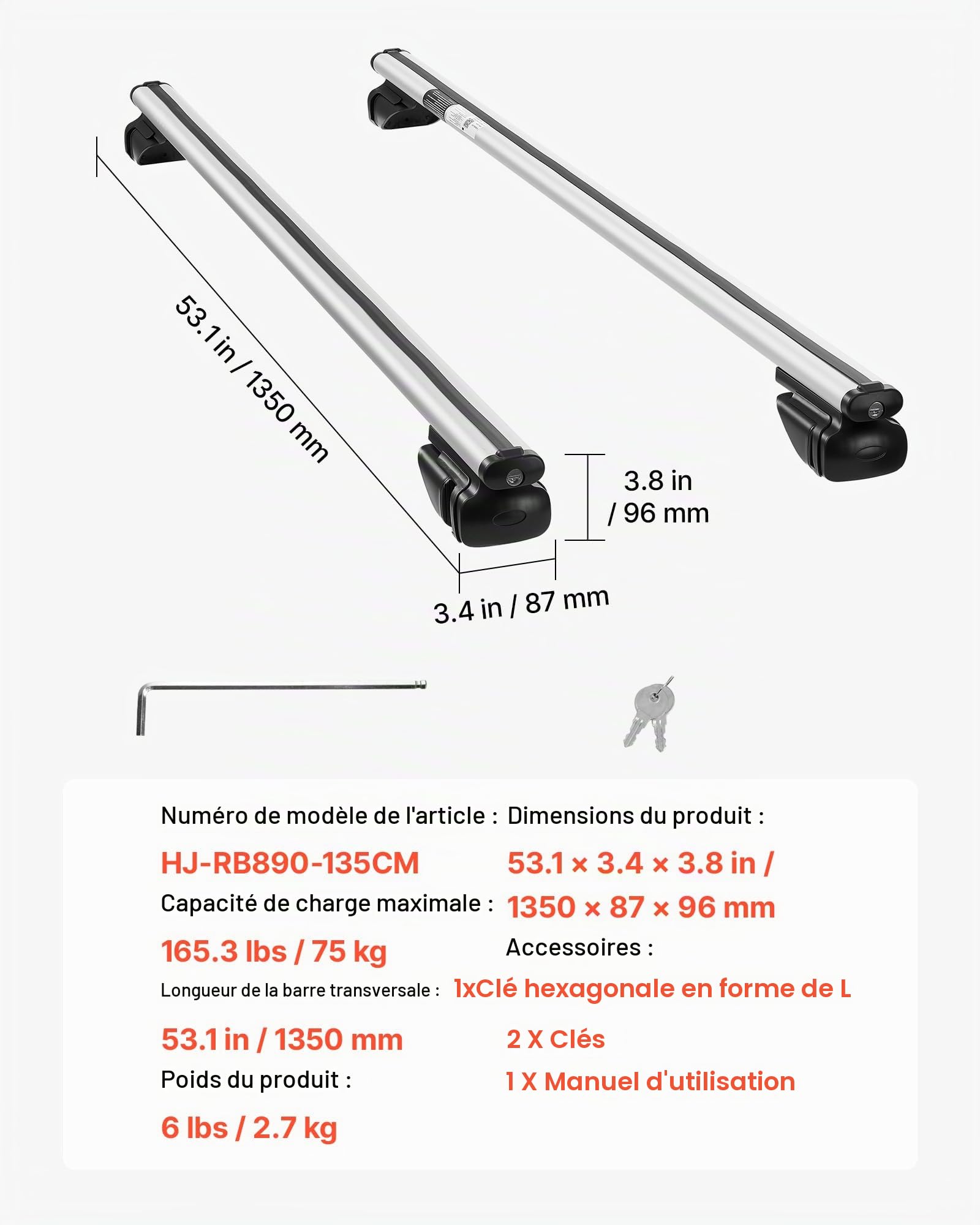 VEVOR Barres Transversales de Toit, Barre Porte Bagages Charge 75 kg 135 cm, pour Rails de Toit Surélevés avec Écartement 21-121 cm, en Aluminium, pour Panier Porte-Bagages Galerie Camping Voyage