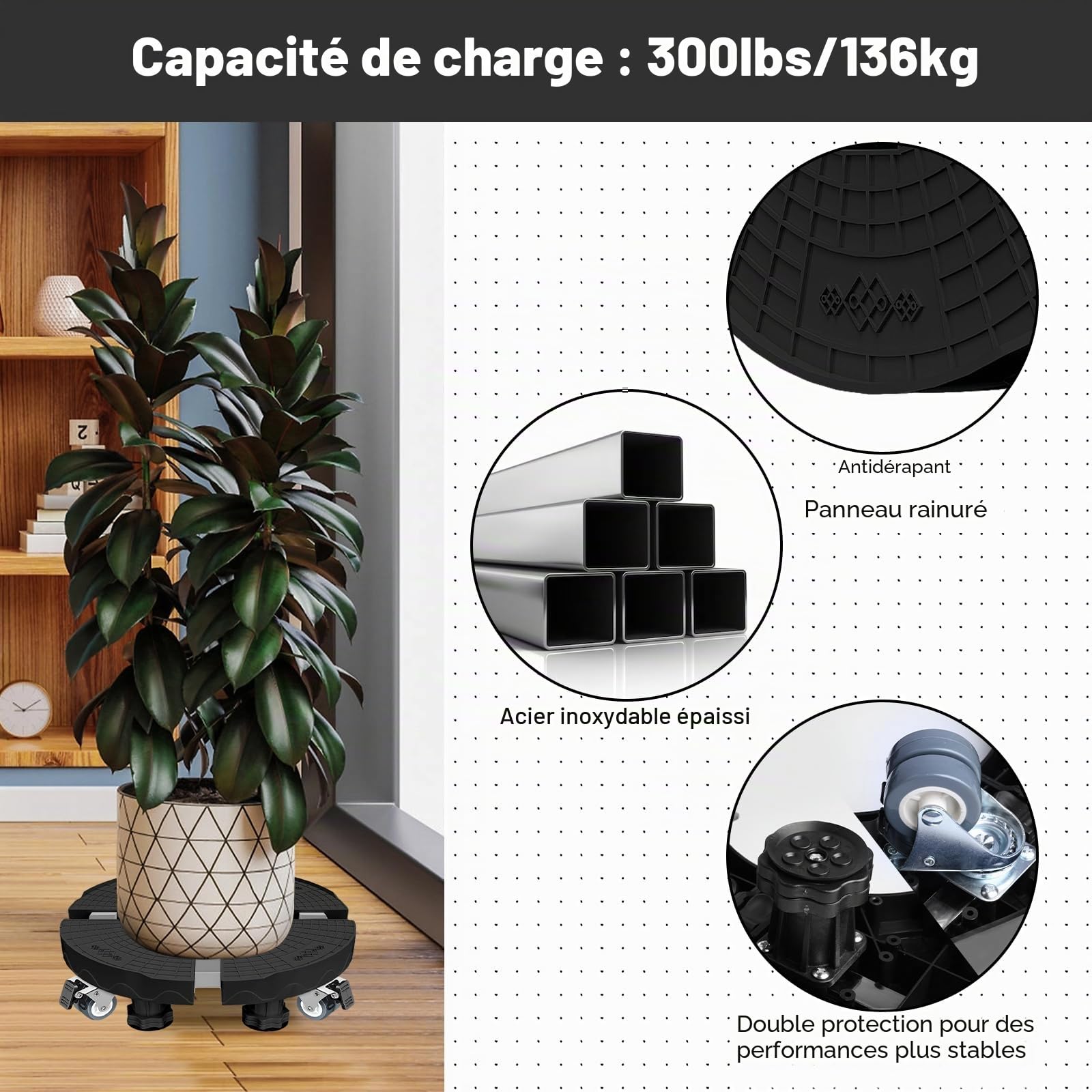 Rouleaux de Plantes Réglables 38-50 cm, Lot de 2 Plateaux Roulants Capacité de Charge 250 kg Chariot de Plantes avec Roues Pivotantes à 360° pour Grands Pots de Fleurs à l’Intérieur et à l
