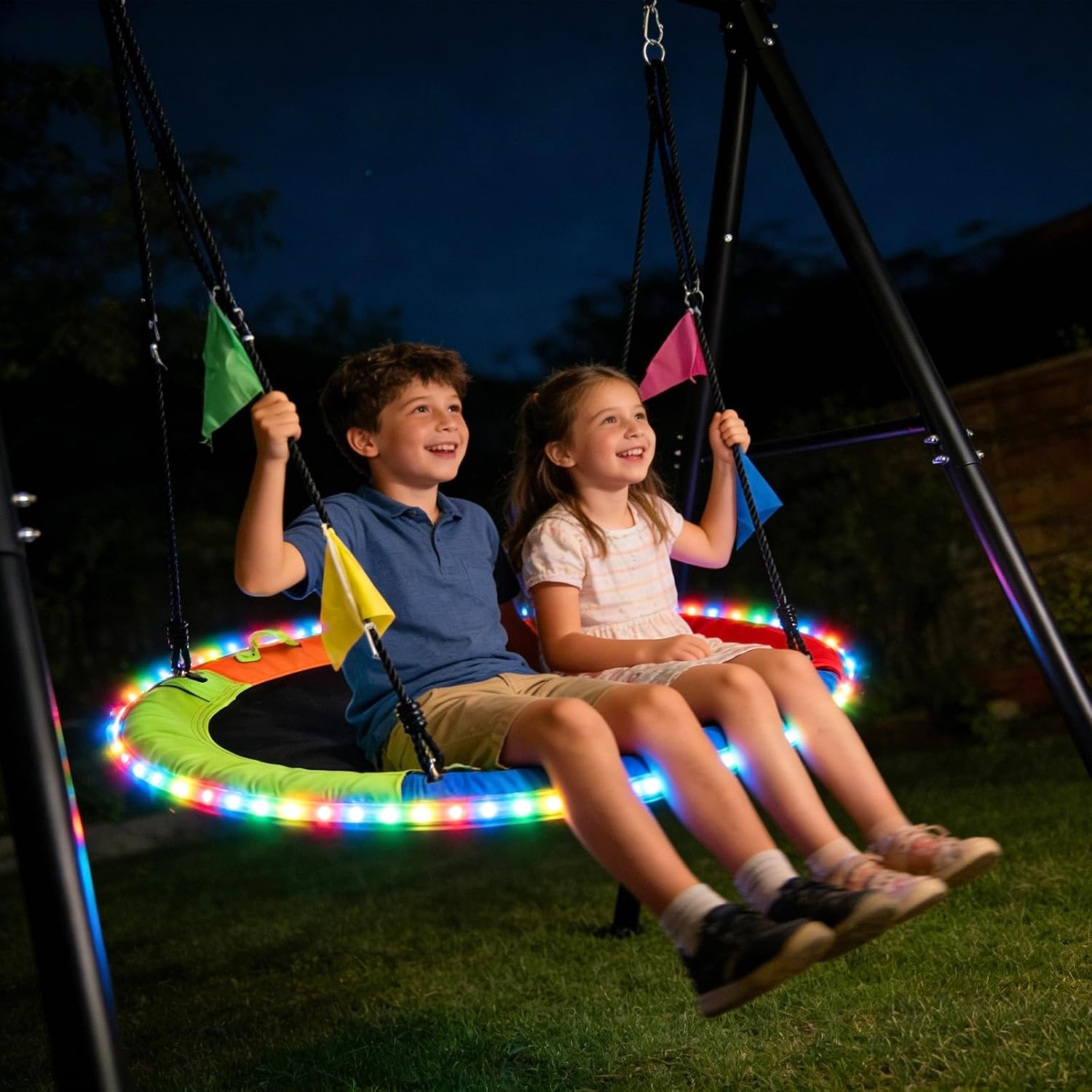 HeyZoo Swing Sets for Backyard, 40 Inch Flying Saucer Swing with 440lbs Capacity Heavy Duty A-Frame Metal Swing Stand, Play with 8 Modes 4 Colors LED Lights for Kids Adults Playground Outdoor