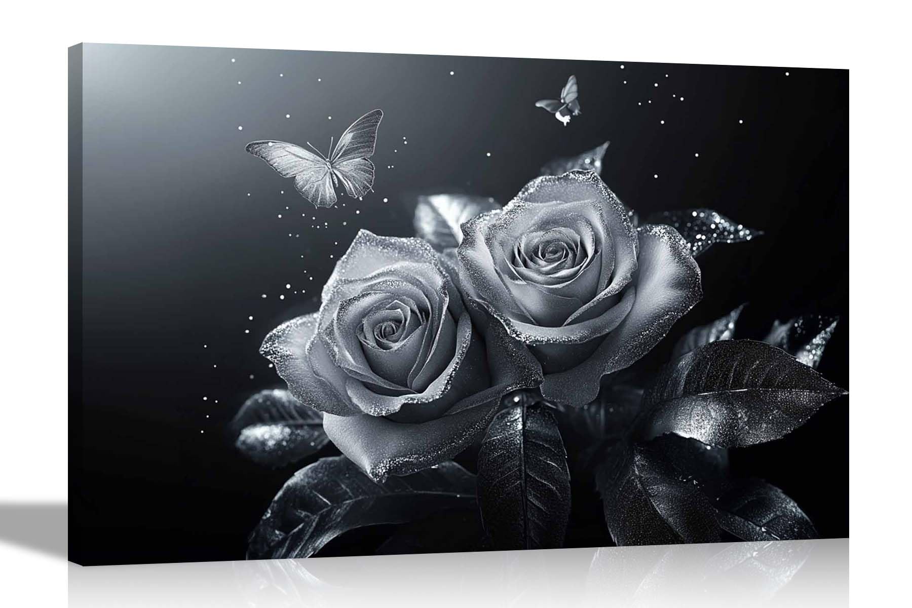 Artley Prints Silver Dust Roses And Butterflies - Dust Silver Roses Butterflies Canvas Prints Pictures For Living Room Conservatory Hallway Home Office Hanging 60 X 40Cm (24 X 16 Inches) A2