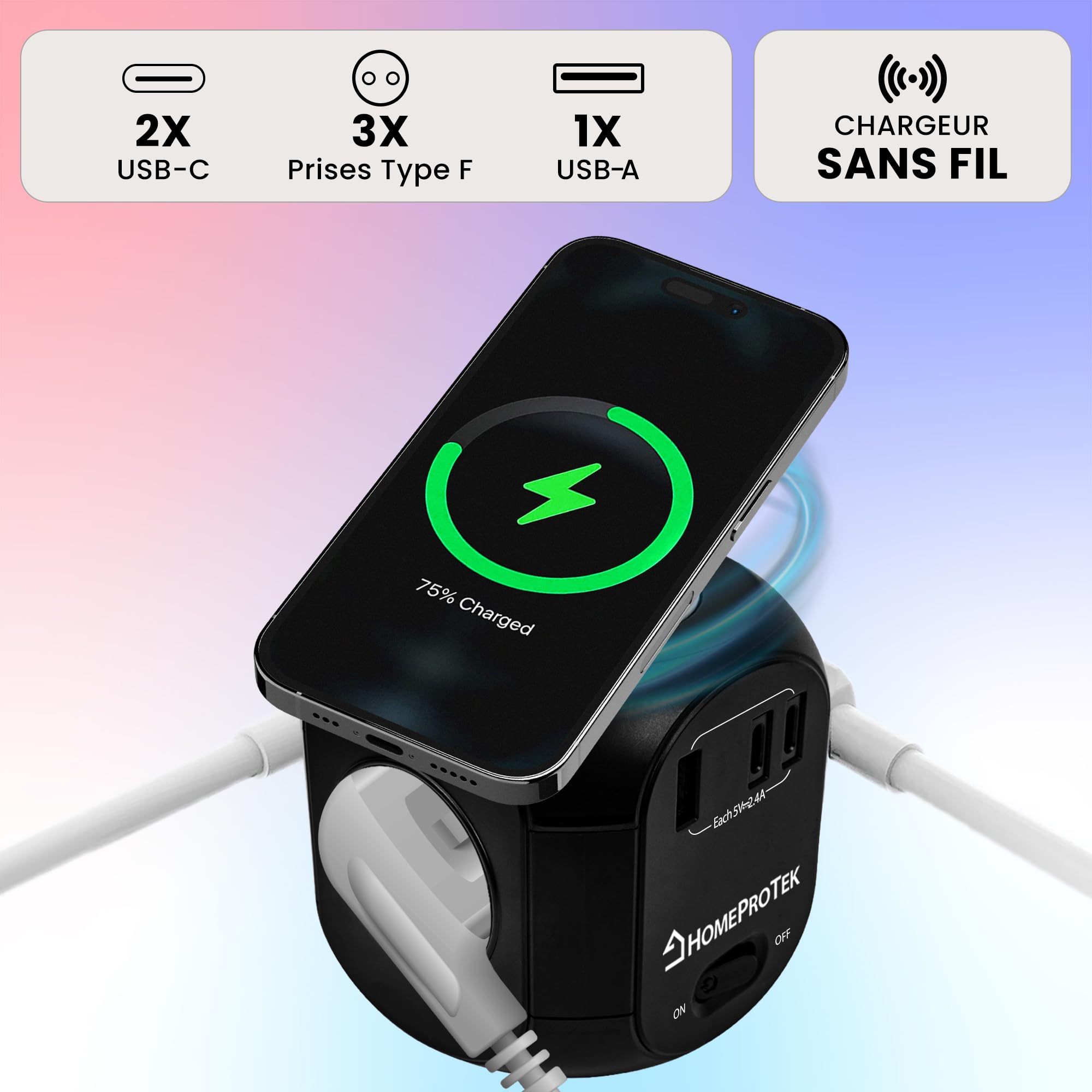 HomeProtek Multiprise Cube 3 Prises, USB-A, 2 USB-C, Noir | Chargeur sans fil et interrupteur; rallonge multiprise pour maison ou bureau
