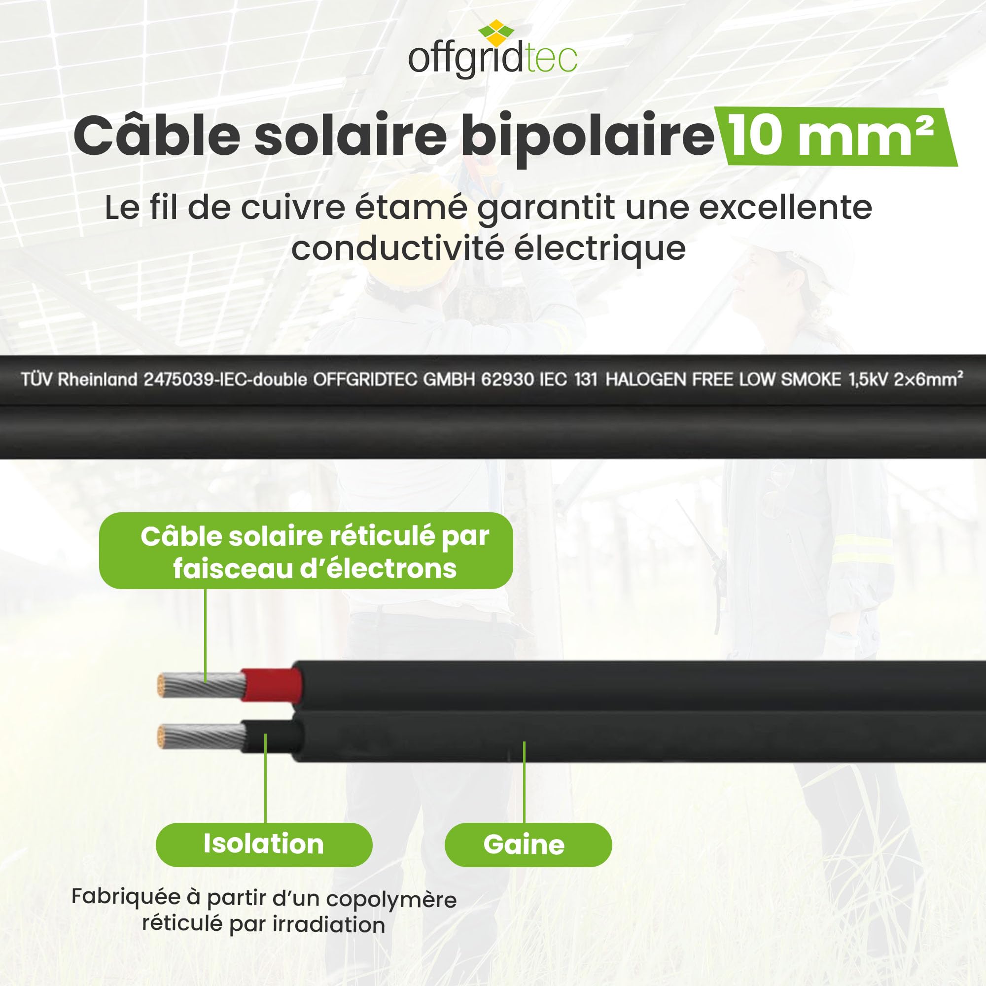 Offgridtec Cable solar de 2 x 10 mm², cable fotovoltaico de dos núcleos para sistemas solares, diseño flexible y separable, conductor de cobre estañado con aislamiento XLPO, cable de alimentación CC