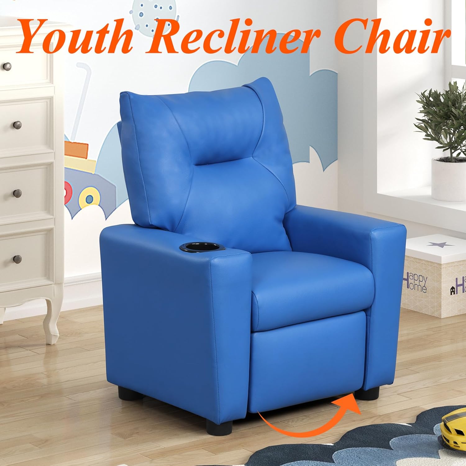 Kids Recliner with Cup Holder and Arms, Toddler Recliner for Kids Ages 3+, PVC Fabric Soft Foam Packing (Blue)