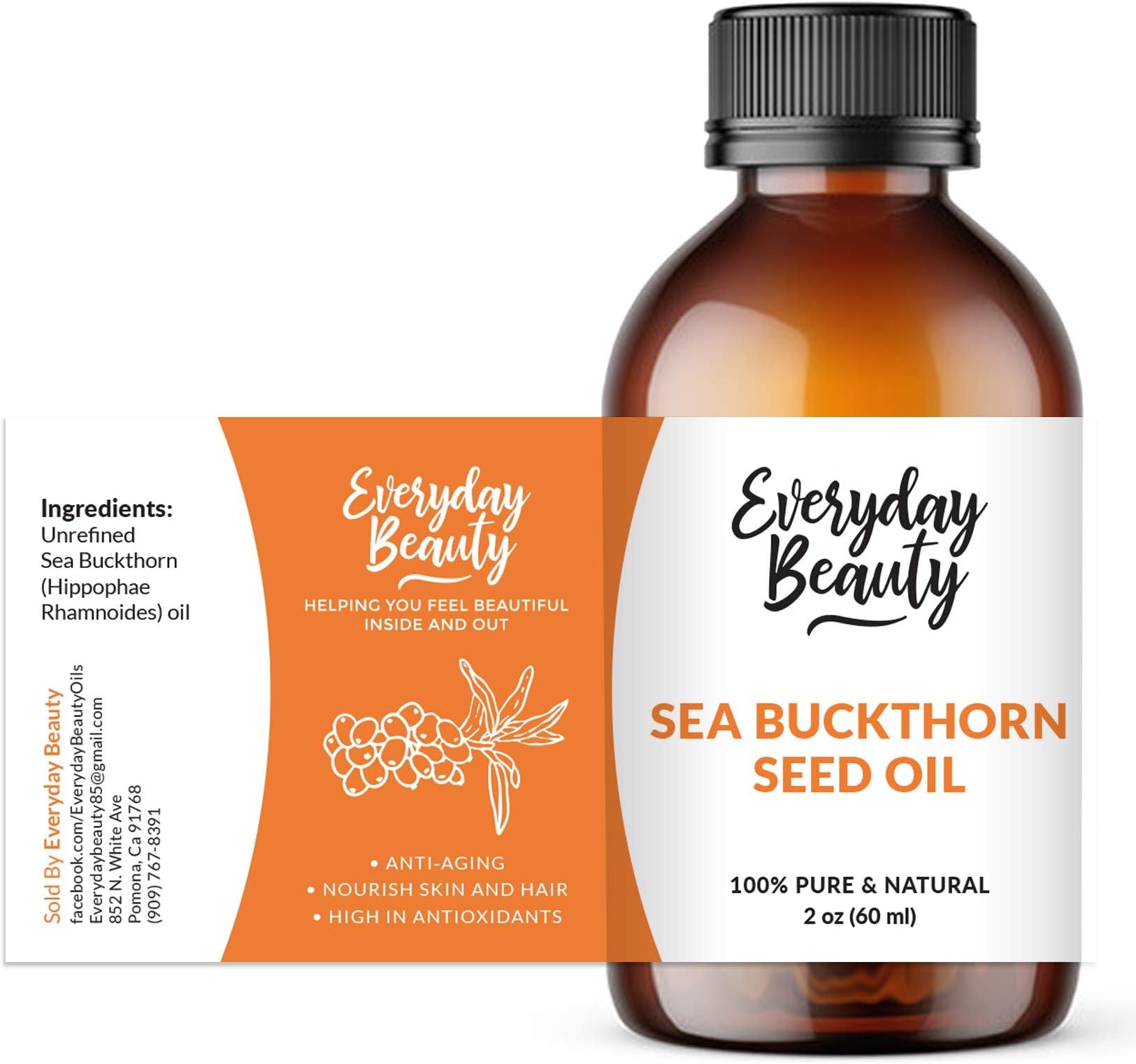 Sea Buckthorn Oil - 100% Pure & All Natural, Cold Pressed and Extra Virgin Unrefined Premium Grade Moisturizing Oil For Face, Skin and Hair 2oz Bottle