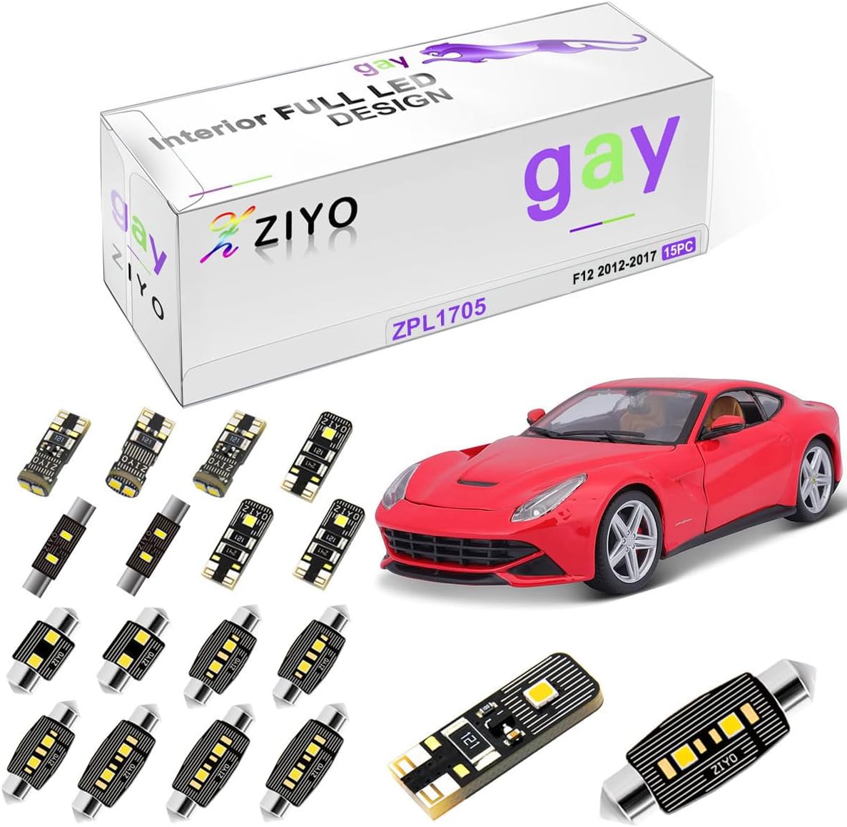 ZIYO ZPL1705 - (15 Bulbs) LED Interior Light Kit Replacement for Ferrari F12 Berlinetta 2012-2017 + License Plate Light Bulbs Package, White Dome Lights Upgrade Error Free