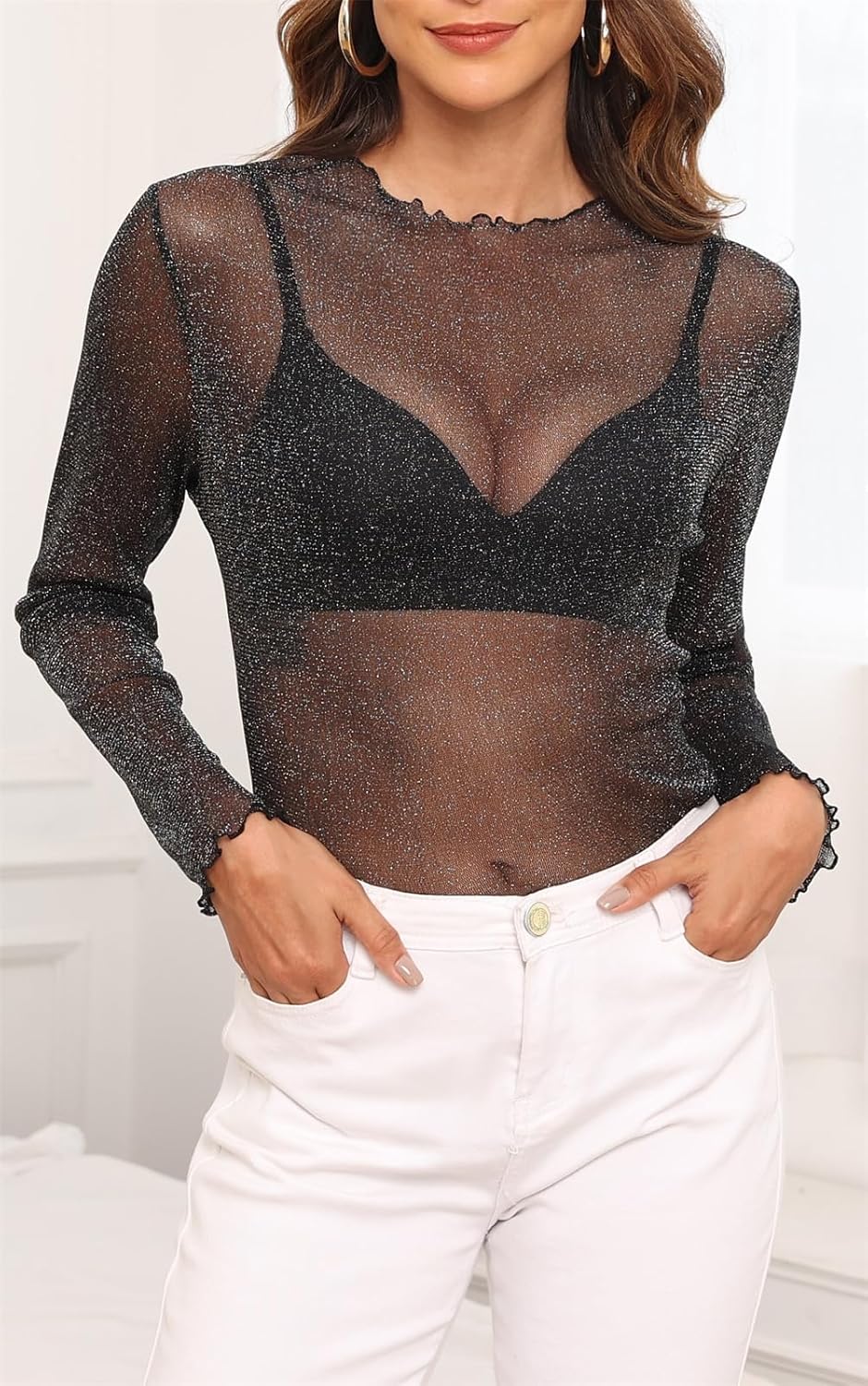Womens Stretchy Glitter Sheer Mesh Blouse Tops Sexy T Shirt for Layering, Club, Concerts & Party - Image 2