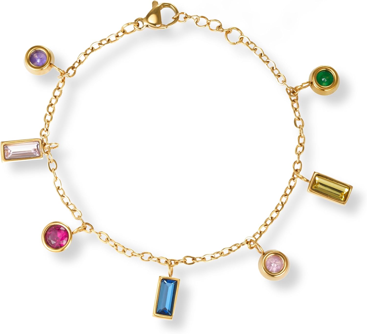 Gold Plated Charm Bracelet Colorful Cubic Zirconia Adjustable Dainty Delicate Elegant Boho Statement Jewelry for Women