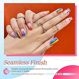 GLAMERMAID Rainbow Press on Nails Medium Square, Paint Color Ombre Nude Gel False Nals with Design, Colorful Glue on Nails Kit for Women, Colorful Reusable Stick on Acrylic Fake Nails Manicure Set