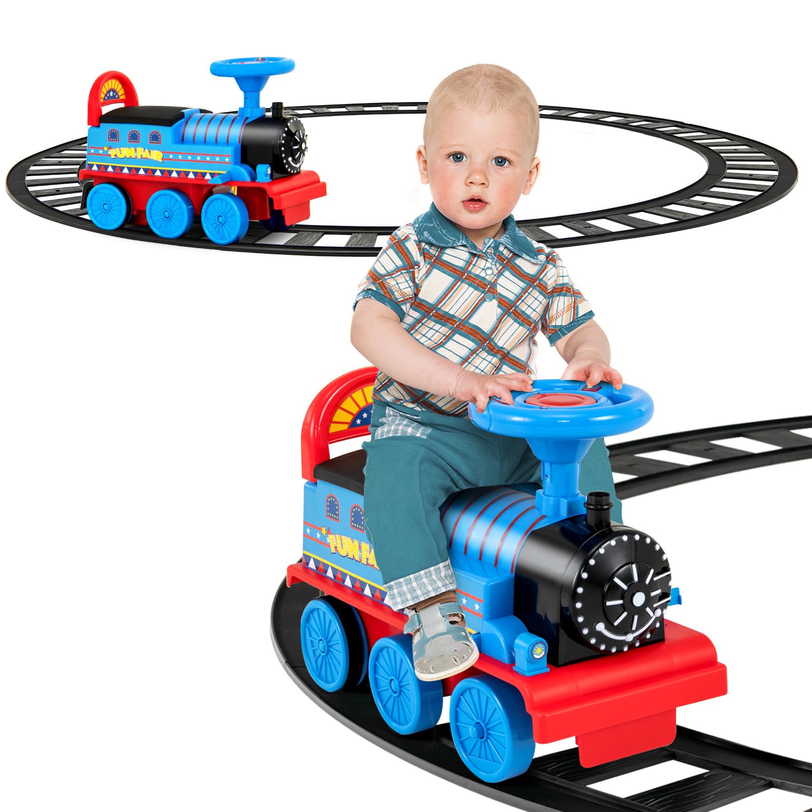 GYMAXRide On Train with Tracks, 6V Kids Electric Car with Storage Seat, Music & Lights, Toddler Battery Powered Ride On Toy for 18 Months Old+ Boys Girls (Navy)