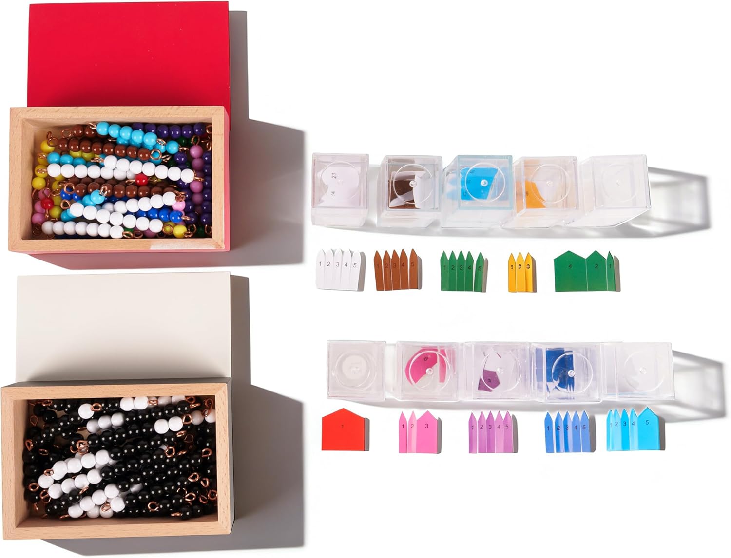 Montessori Colored Short Bead Stairs 1-9 – Five Sets with Beechwood Box, Plastic Beads Copper Wire, Counting Manipulative, Addition Multiplication Prep, Homeschool Classroom Ages 3-6