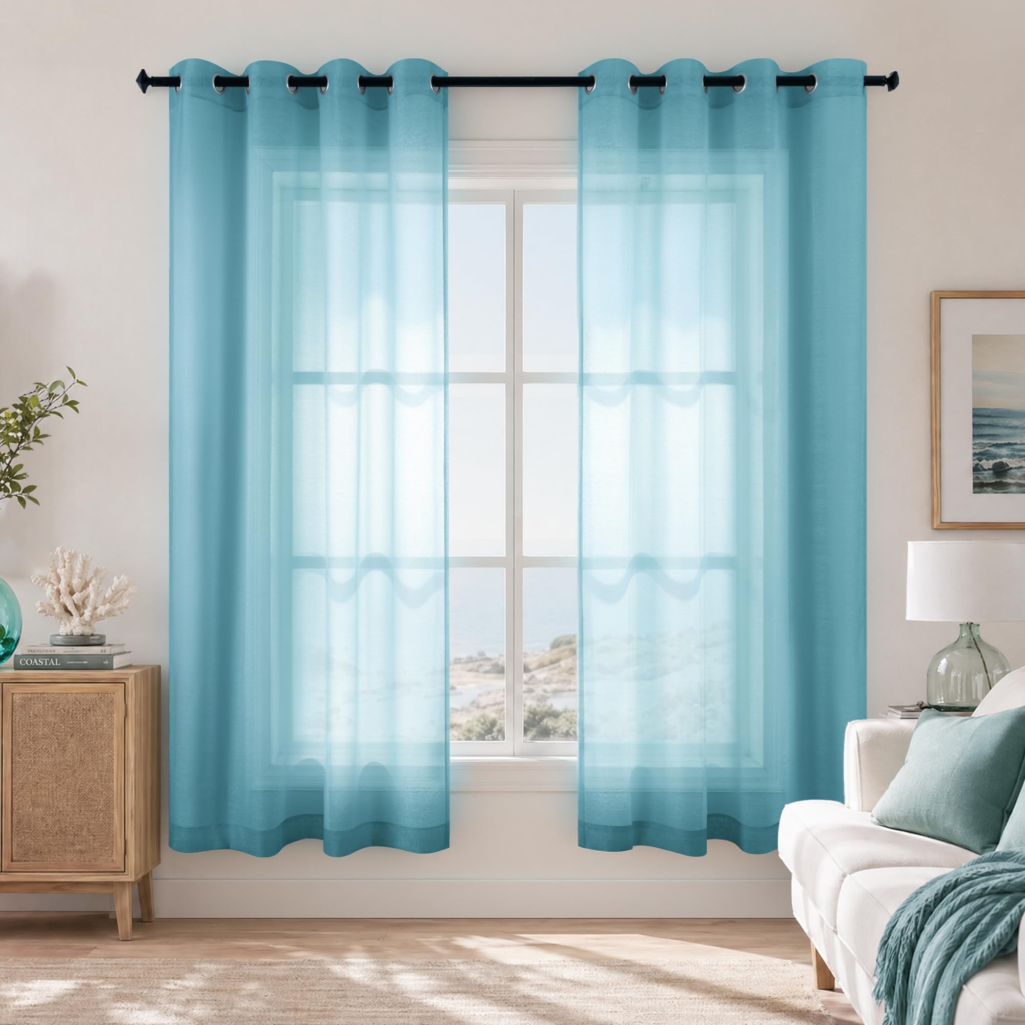 KOUFALL Teal Curtains 63 Inch Length for Girls Room Decoration Decor 2 Panels Grommet Window Voile Drapes Semi Sheer Beach Curtains for Living Room Bedroom 52x63 Inches Long