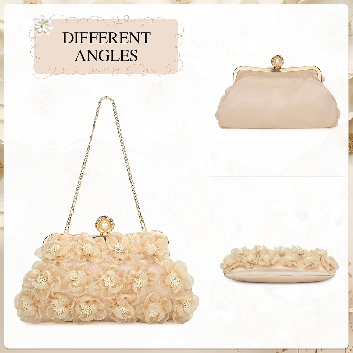 UBORSE Flower Clutch Purse Bridal Handbag Floral Purses for Women Evening Bag with Detachable Chain for Formal Party Bride Wedding Prom | Floral Clutch, Bridal Purse, ivory clutch