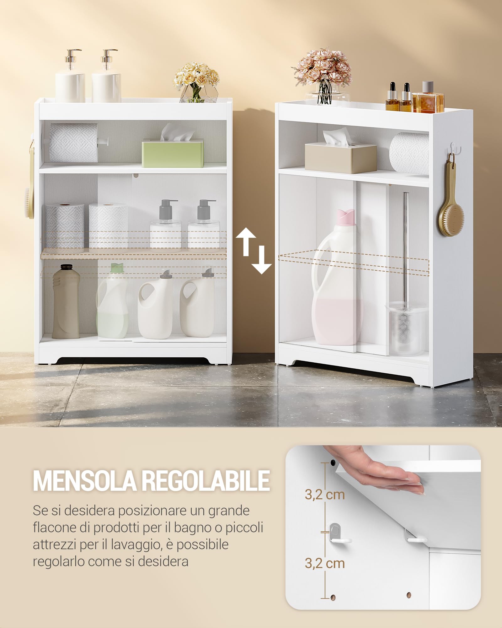 Hzuaneri Mobile Bagno, mobiletto bagno salvaspazio con Portarotoli di Carta Igienica e Ganci, Ante Scorrevole, Ripiano Regolabile, Accanto al Water, 20 x 60 x 80 cm, Bianco BC62813X