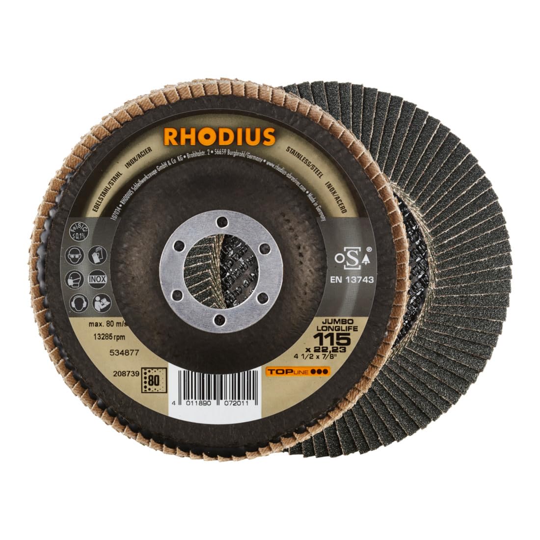 RHODIUS TOPline JUMBO LONGLIFE EXTENDED Fächerschleifscheibe 115 x 22,23 mm K80 10 Stk