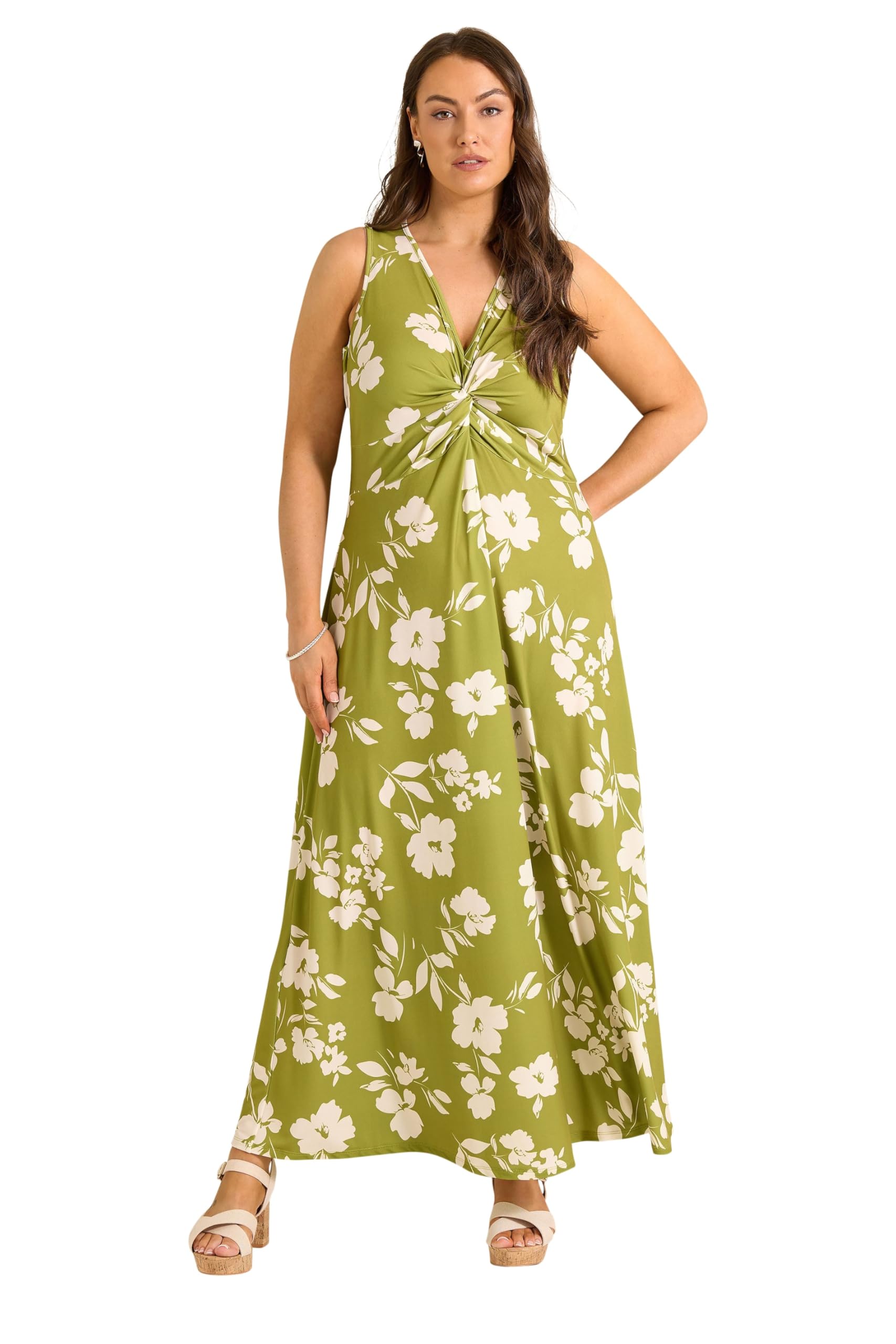Evans Women's Light Green Curve Chartreuse Floral Print Knot Front Maxi Dress - Plus Size Curve