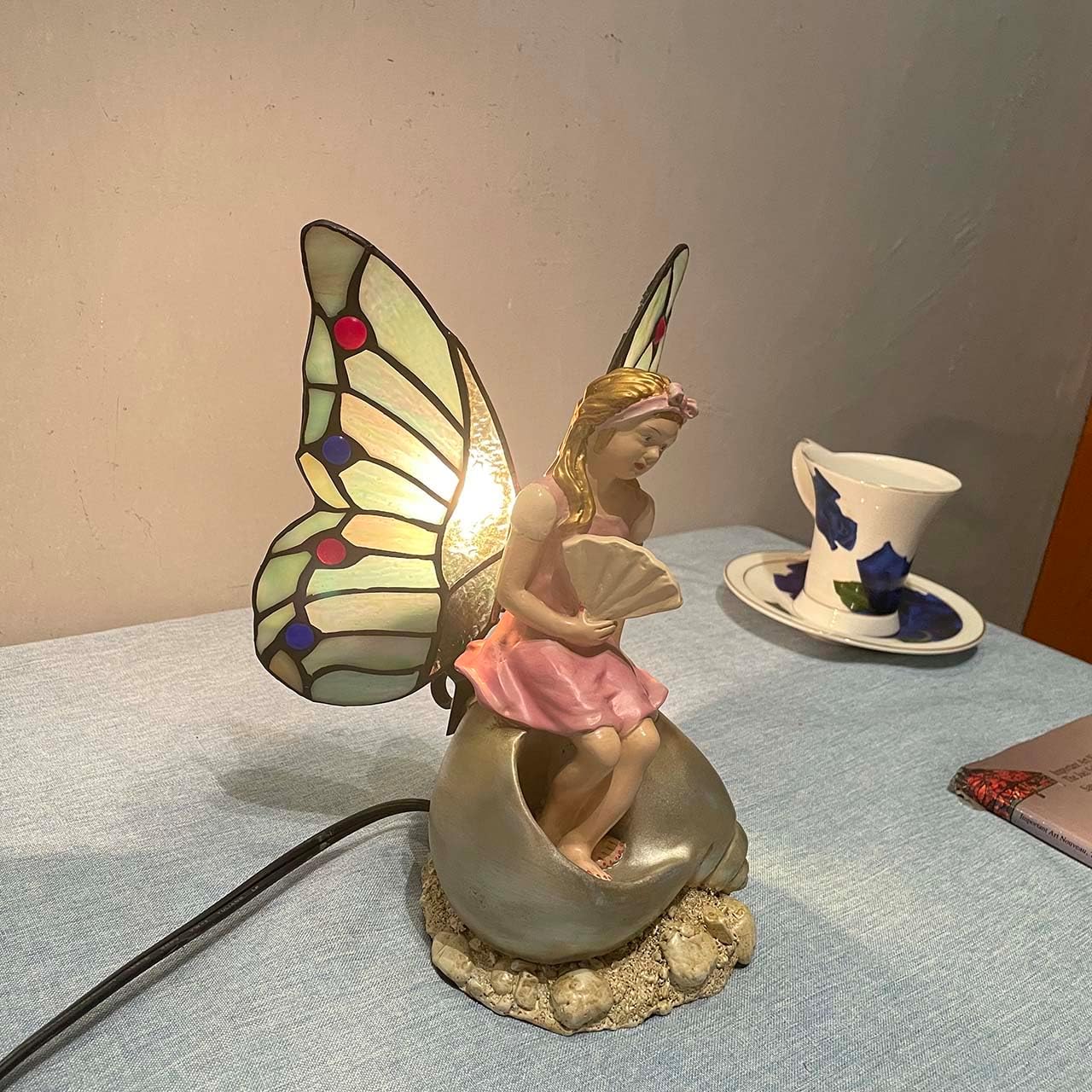 Bieye L10881 Butterfly Girl Sitting on Sea Snail Shell Tiffany Style Stained Glass Accent Table Lamp Night Light for Home Decoration
