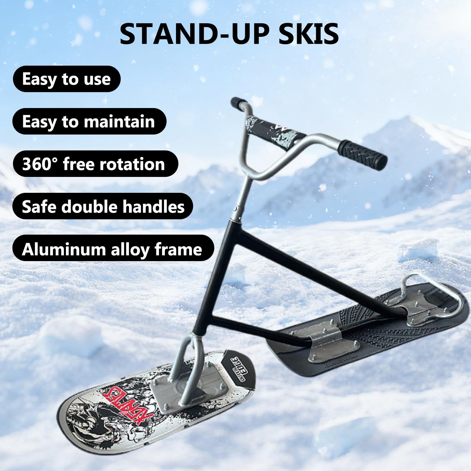 Scooter da Neve/Slitta da Snowboard Professionale, Adolescenti E Principianti Sci Rotanti A 360°, per Adulti con Sci Posteriori Rotanti E Anima in Legno A5 Black