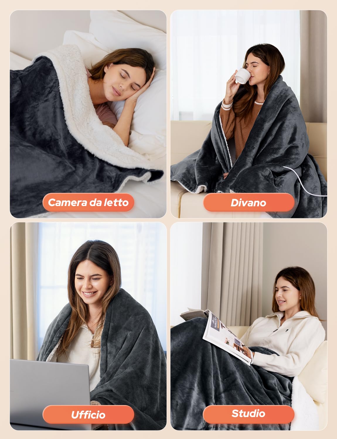 Coperta Termica Elettrica 200x180cm,Schermo LED-10 Livelli Temperatura,9 Impostazioni di Timer,Microfibra+Pile di Agnello,Lavabile,Riscaldamento Rapido,Spegnimento,Automatico-Grigio Scuro