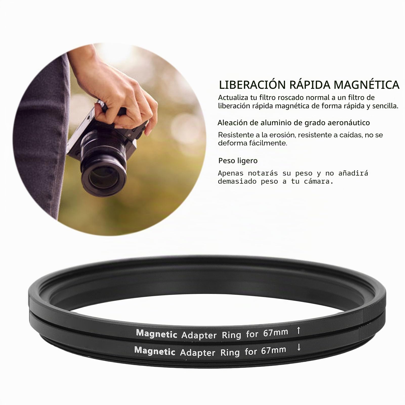 VBESTLIFE Kit de Adaptador de Anillo de Filtro de Paso Magnético, Adaptadores de Filtro de Lente de Aleación de Aluminio de 67mm, Filtro de Liberación Rápida Magnética, Compatible con