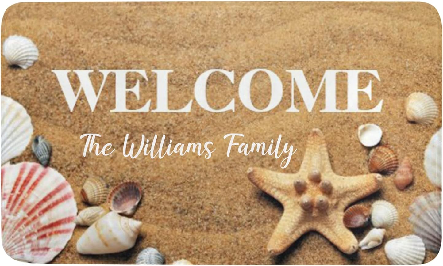 Sandy Beach Starfish Personalized Doormat Text Name Custom Indoor Outdoor Pet Mat Entrance Rugs Home Decor Welcome Door Mats 30 x 18 Inch