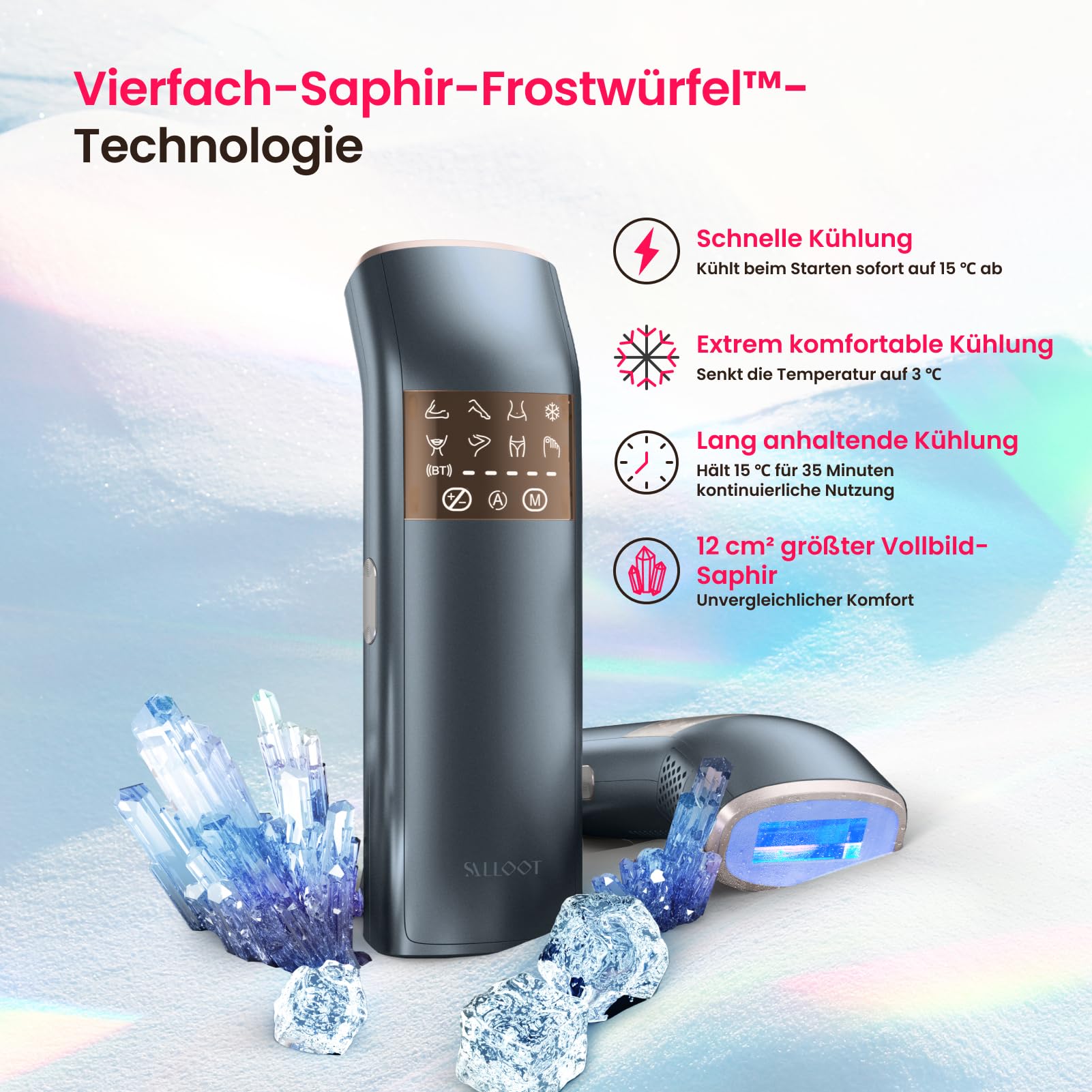 Dreifach-Puls IPL Geräte Haarentfernung, 12cm² Saphir-Eis-Kühlung Laser Haarentfernung für Damen Herren, 3°C für Schmerzfreie, Dauerhafte Haarentfernung Hause für Gesich, Bikini, Schambereich