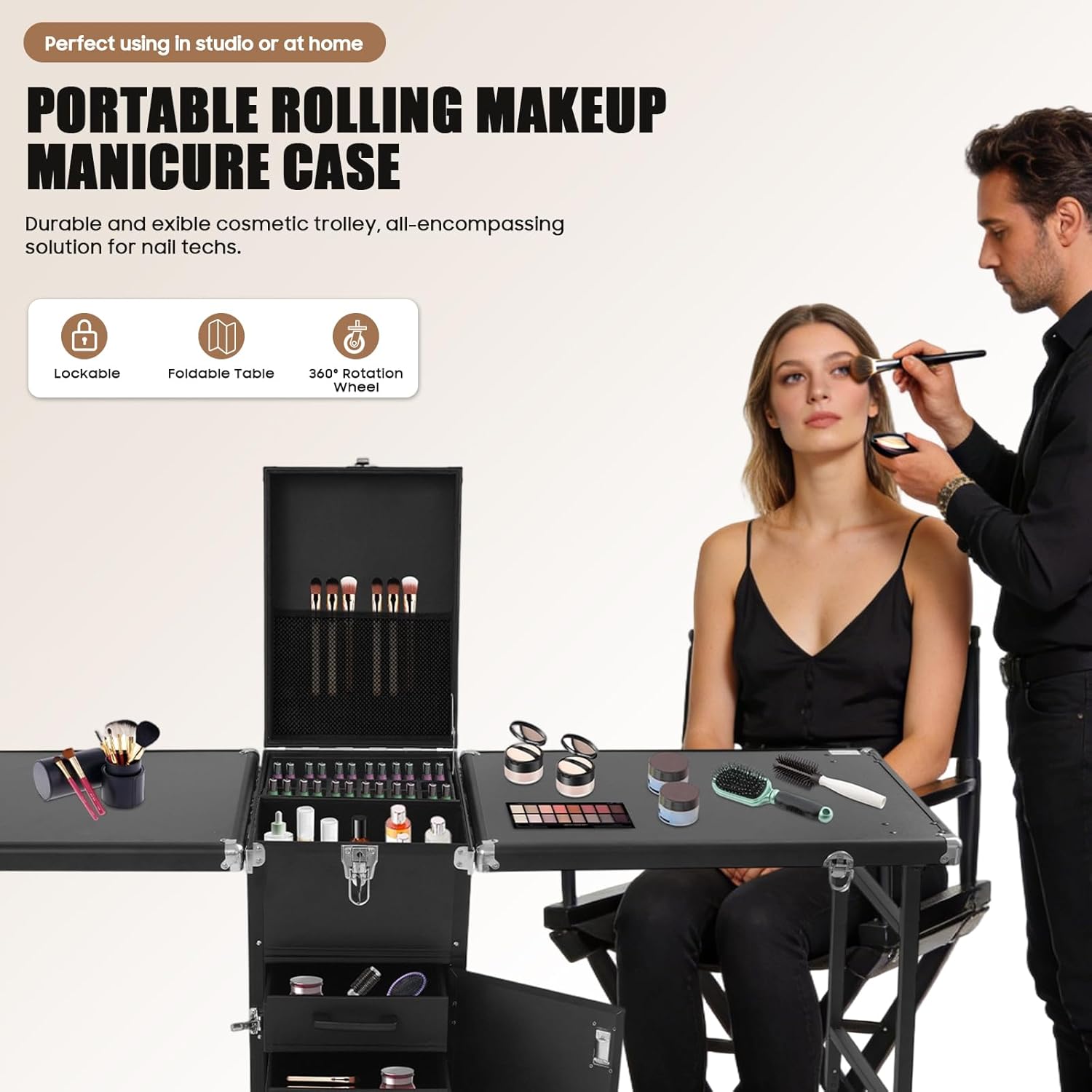 Rolling Manicure Table with Pedicure Chair 4 Drawers Rolling Makeup Case Foldable Nail Desk Cosmetology Case on Wheels w/2 Desktop for Nail Teach Technician Workstation (Black)