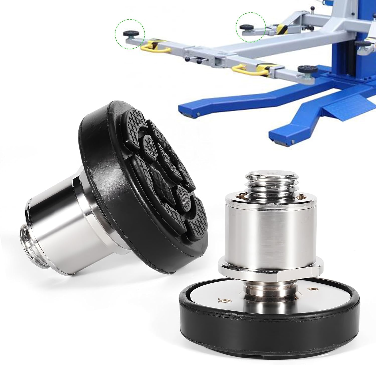 LEAPTREND 2pc 60mm Shaft Diameter Car Lift Rubber Tray, Screw-Up Lift Peg Pads with Telescopic Round Two-Hole Adapter, High Leg Pads and Heightening Feet