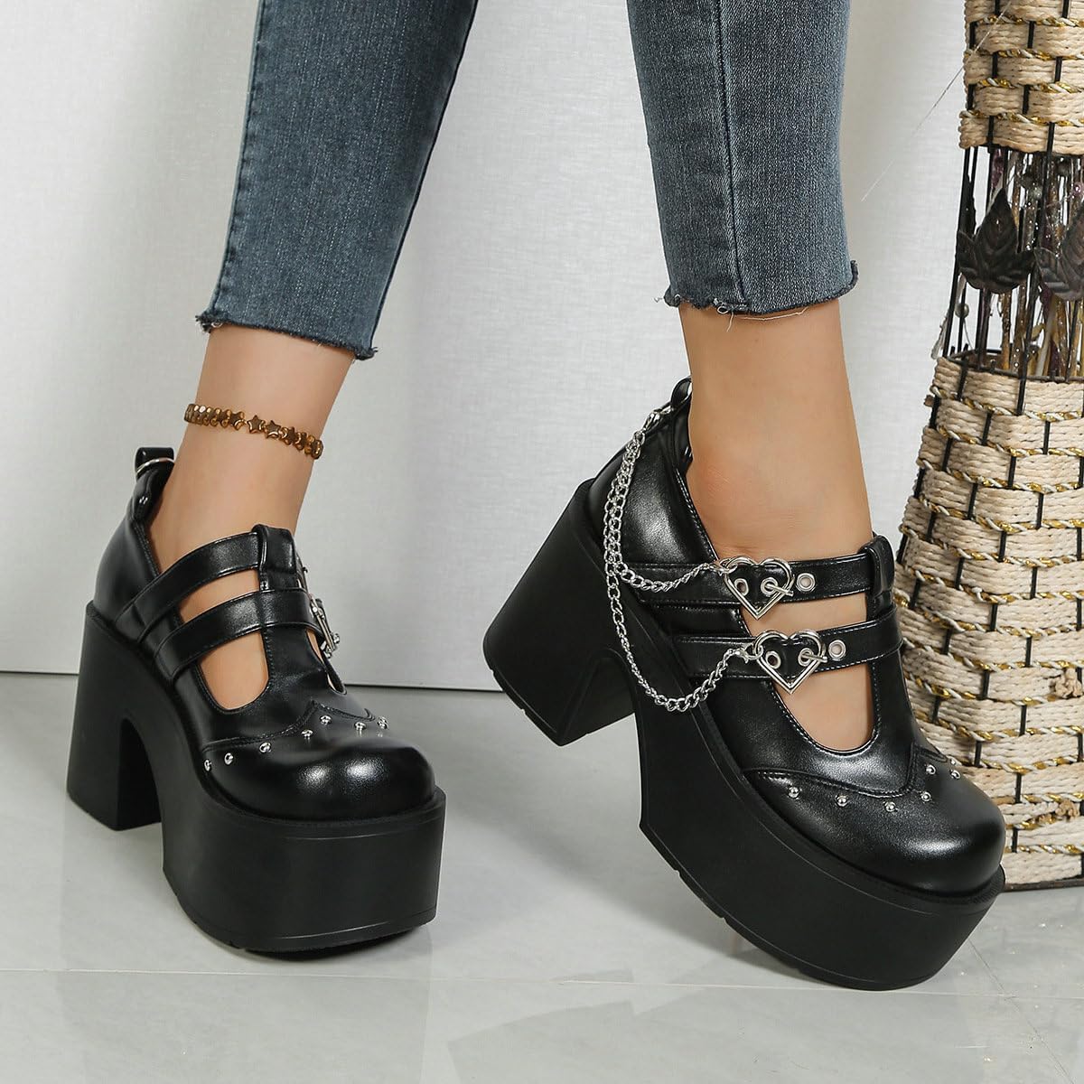 Parisuit Womens Goth Platform Lolita Shoes Mary Jane Chunky High Heels Pumps Ankle Strap Punk Studded Chain Shoes